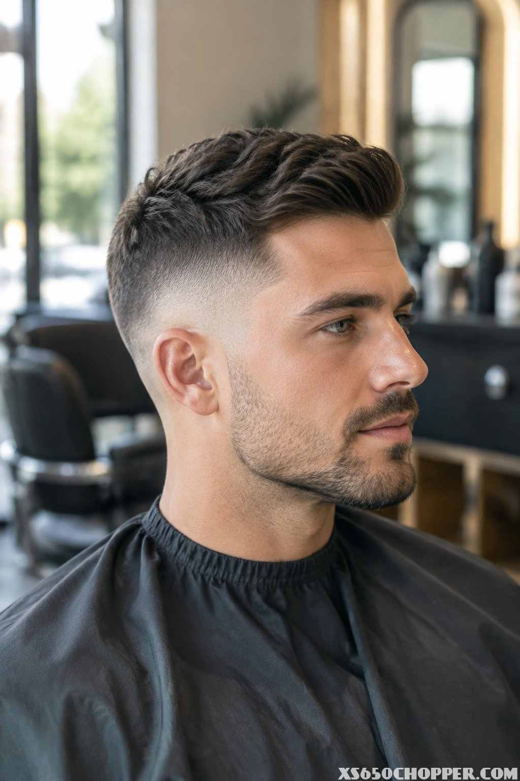 A man with a neatly faded haircut sits in a barbershop.