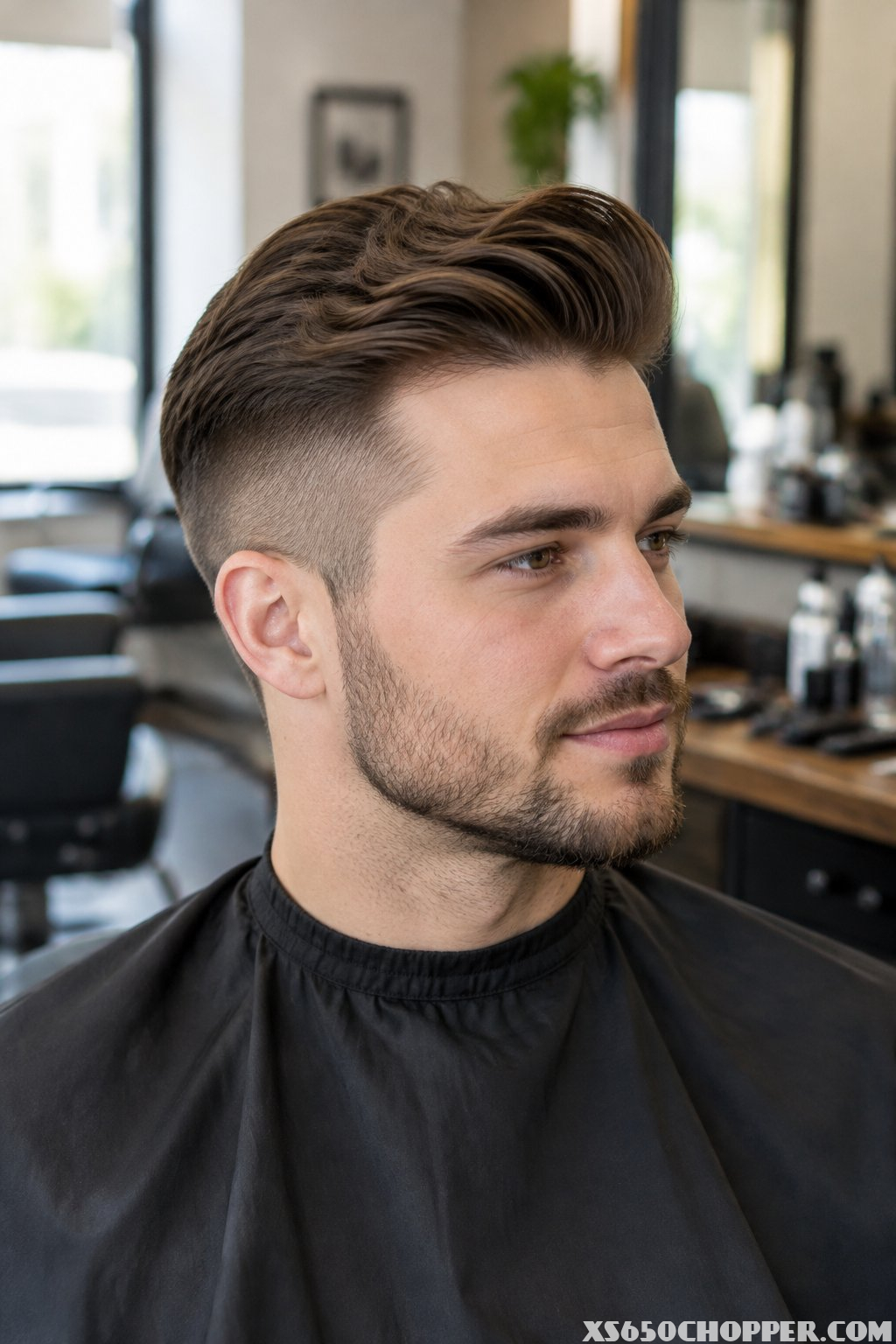 A man sits in a barbershop.