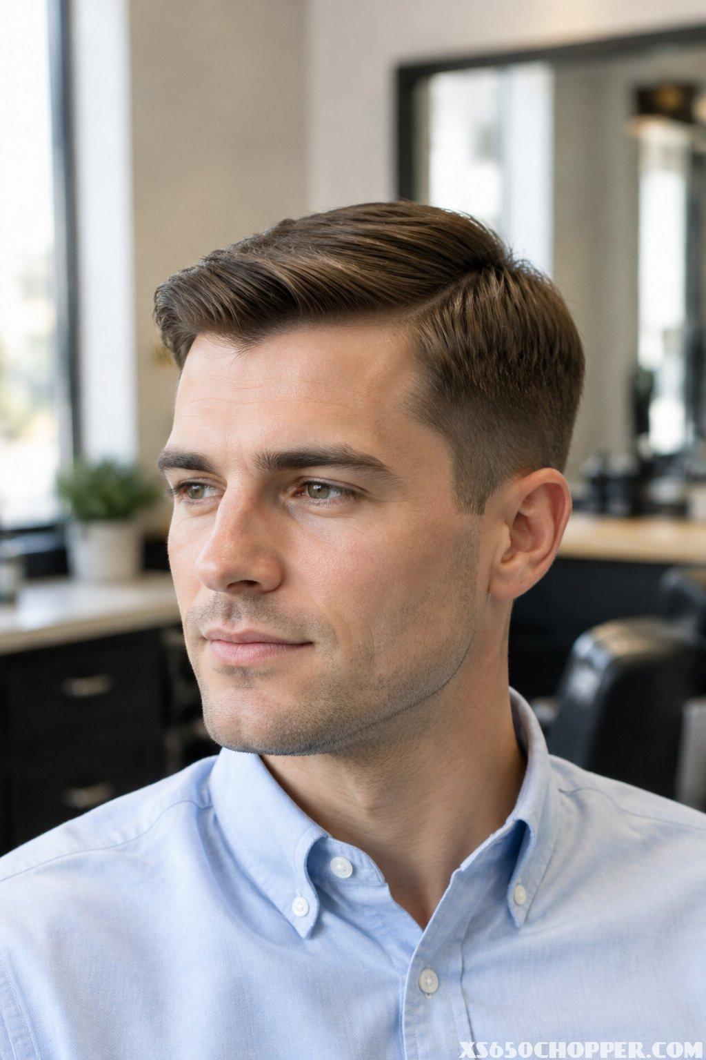 A man with a neat short haircut sits in a barbershop.