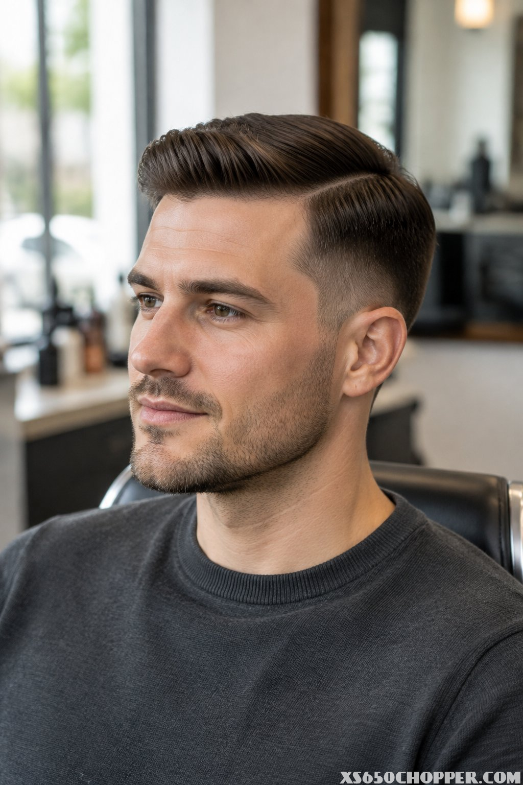 A man sits in a barbershop.