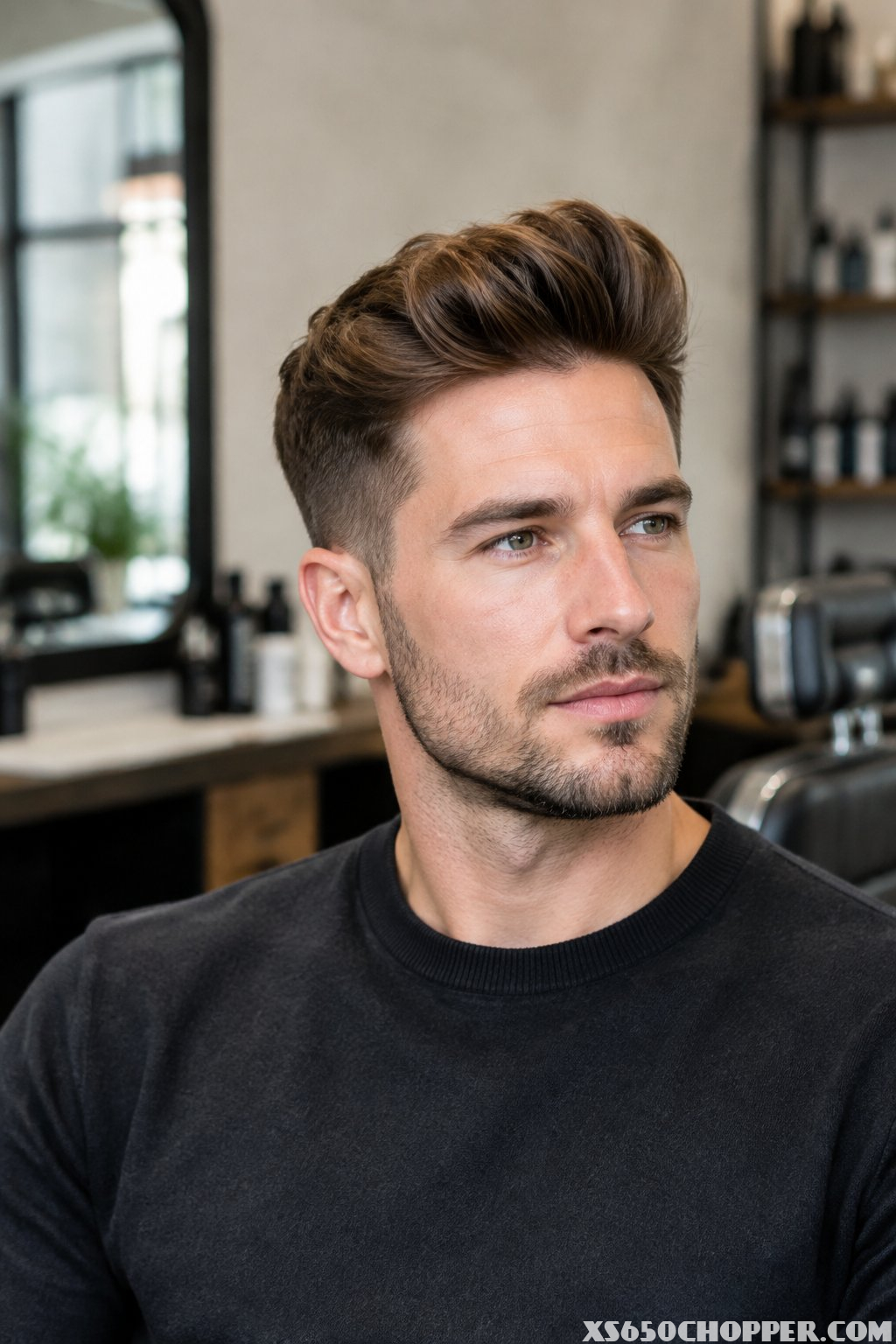 A man stands in a barbershop.