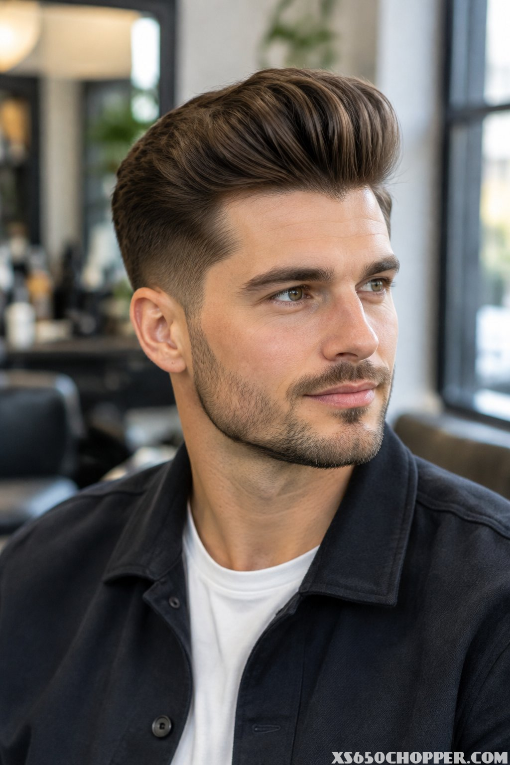 A man stands in a barbershop.