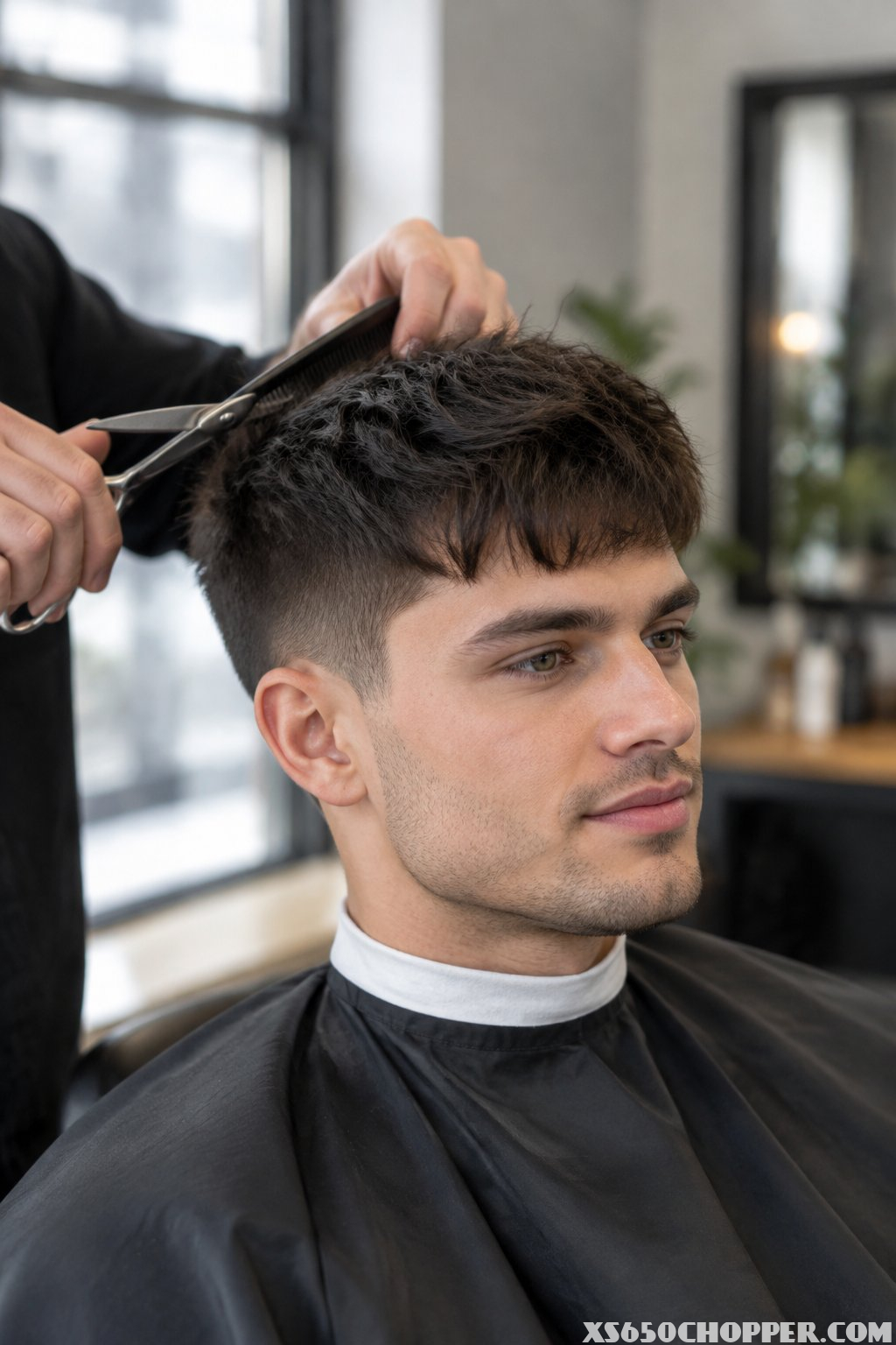 A man sits in a barbershop while a barber trims his hair.
