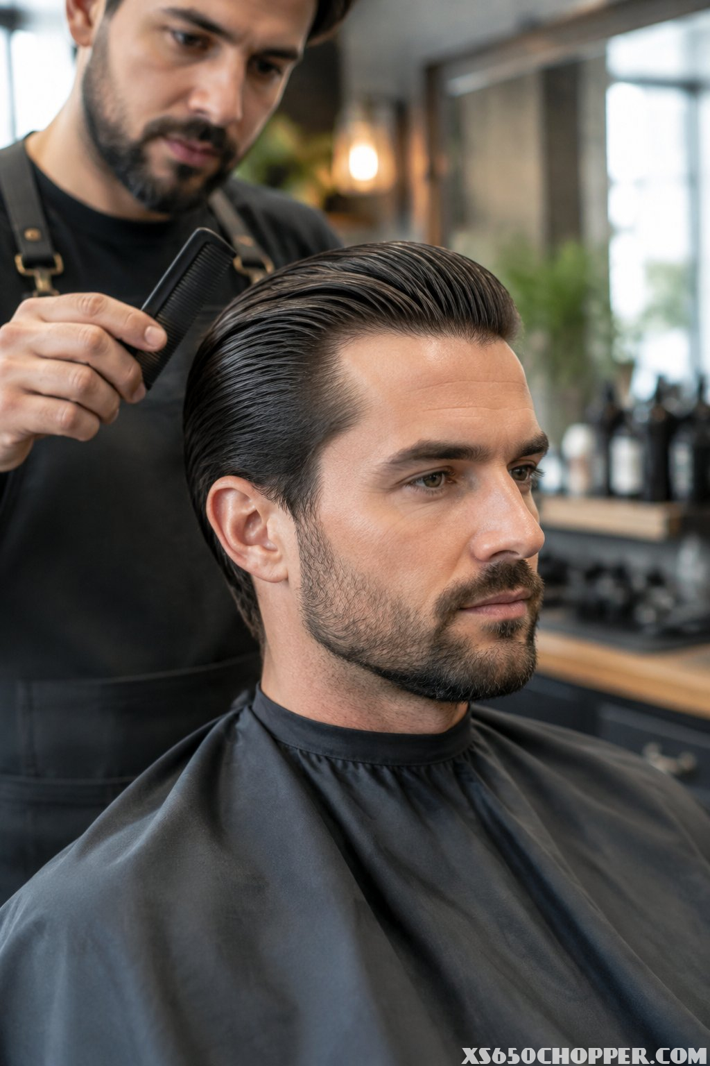 A man sits in a barber chair while a barber combs his hair.