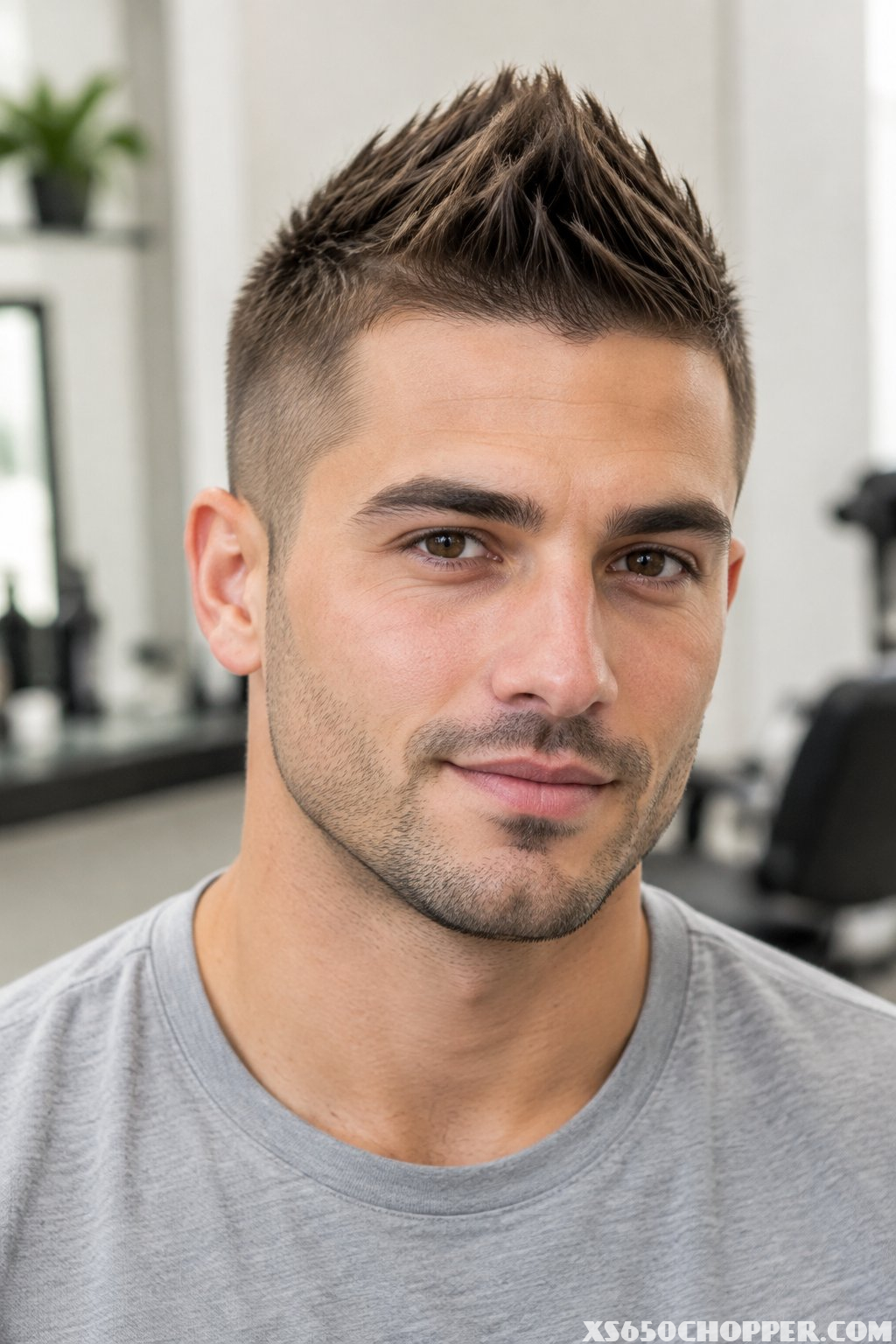 A man poses in a softly lit barbershop.