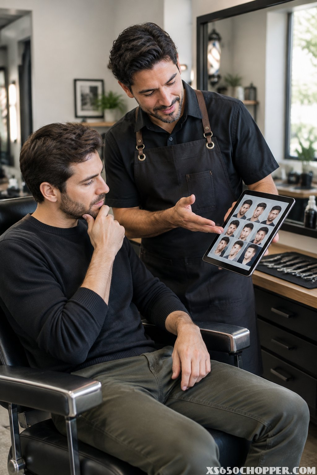 A barber discusses haircut options with a seated client.