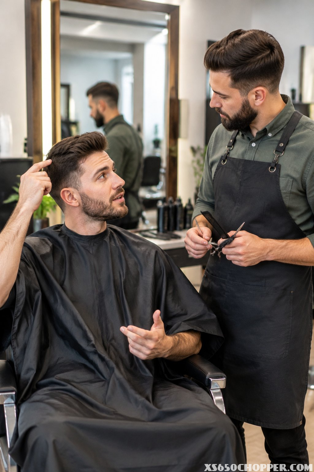 A man discusses his haircut with a barber in a barbershop.