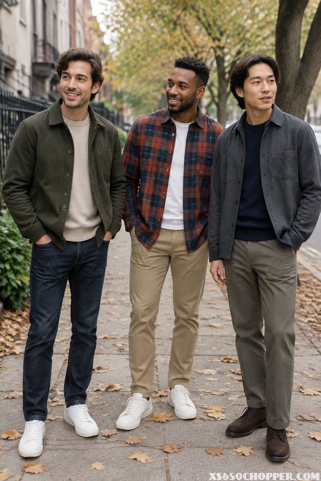 Three men in casual layered outfits stand together on a leafy city sidewalk.