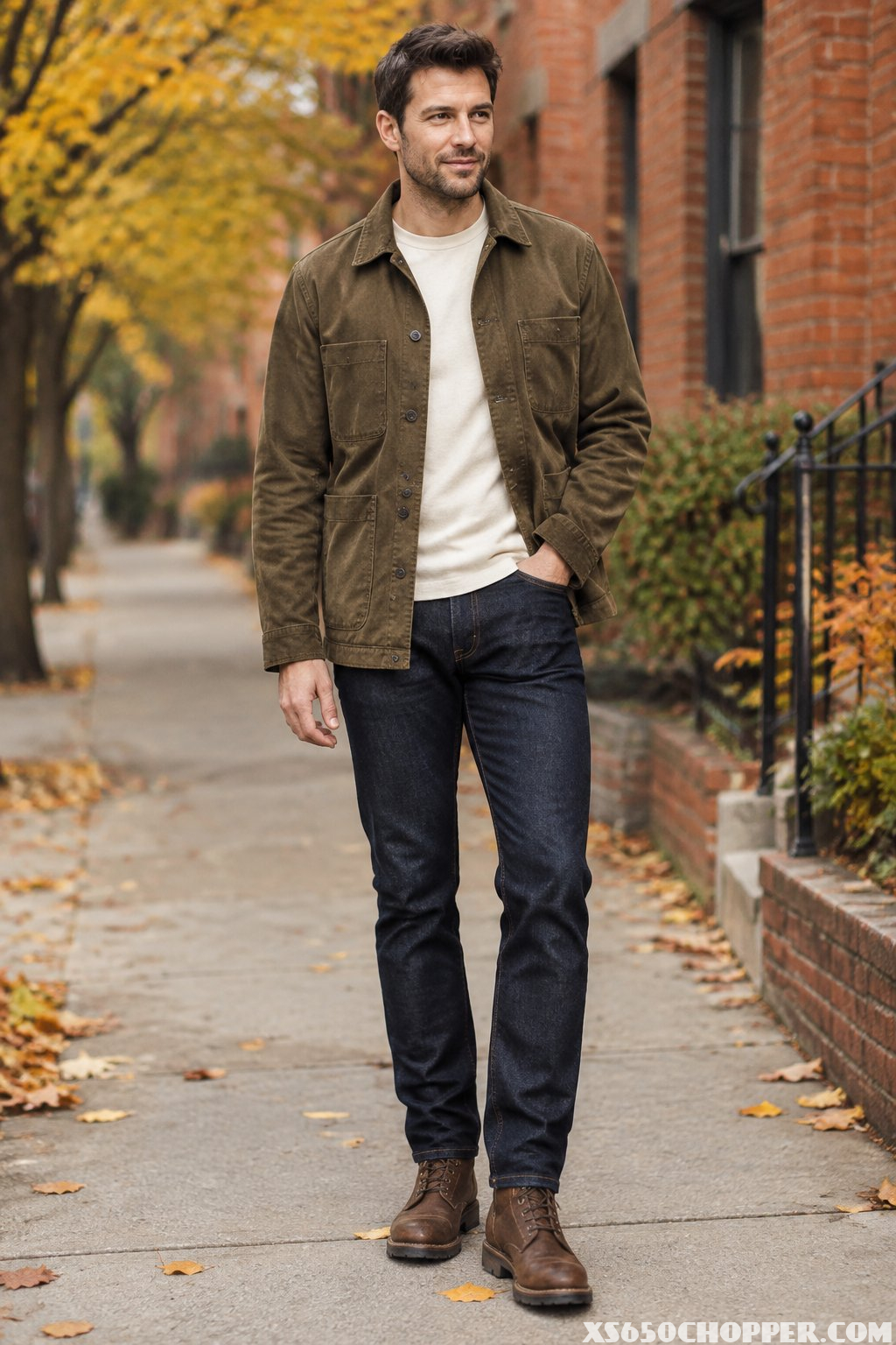 A man wearing a jacket, T-shirt, jeans, and work boots stands on a sidewalk among autumn leaves.