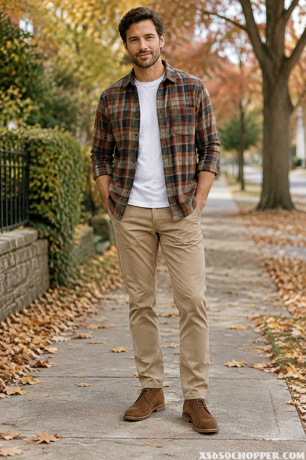 A man in a flannel shirt, white T-shirt, chinos, and suede boots stands on a tree-lined path.