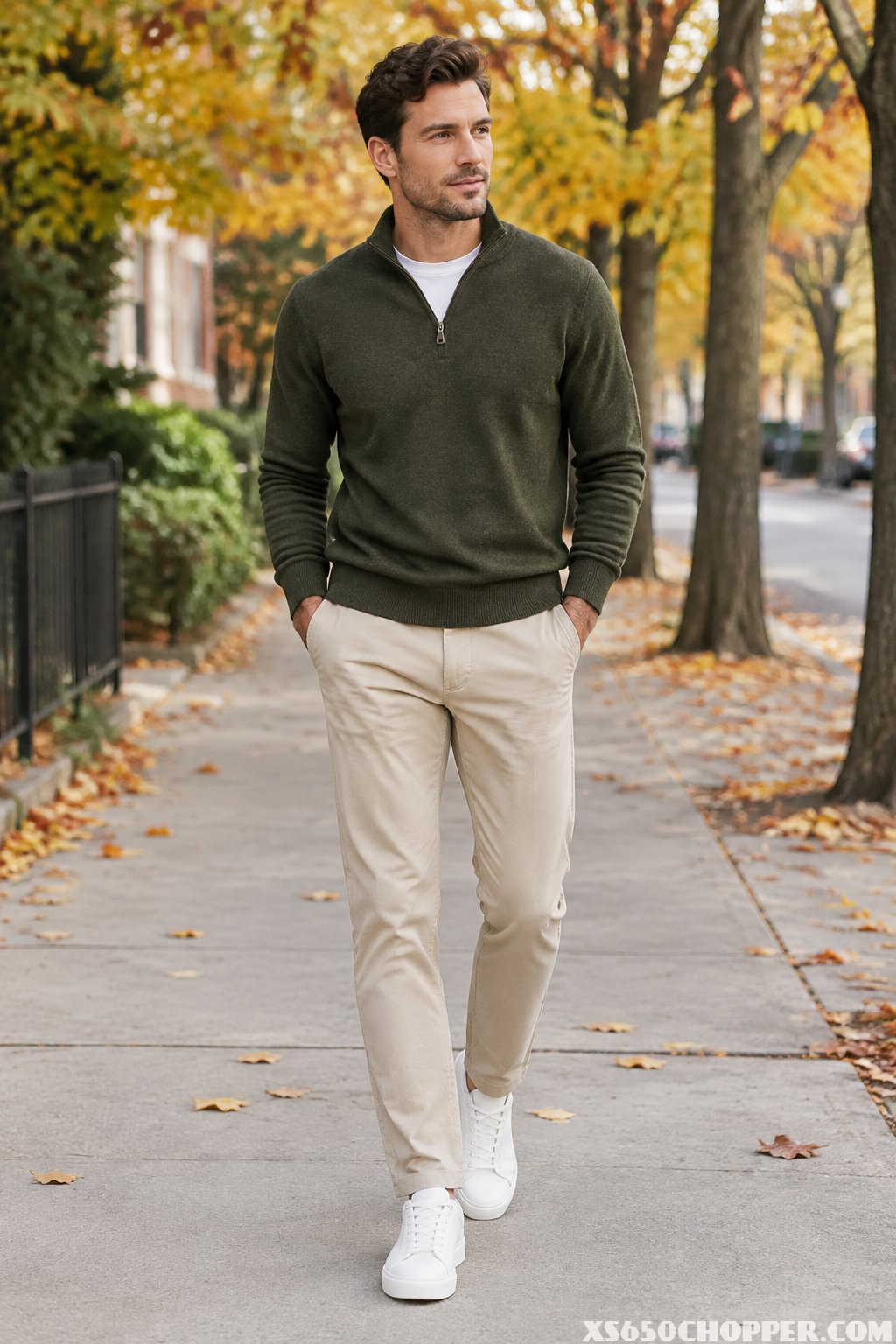 A man wearing a quarter-zip sweater, tee, chinos, and white sneakers walks along a tree-lined sidewalk.