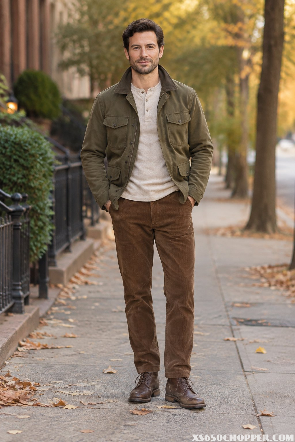 A man wearing a field jacket, Henley shirt, corduroy pants, and lace-up boots on an autumn sidewalk.