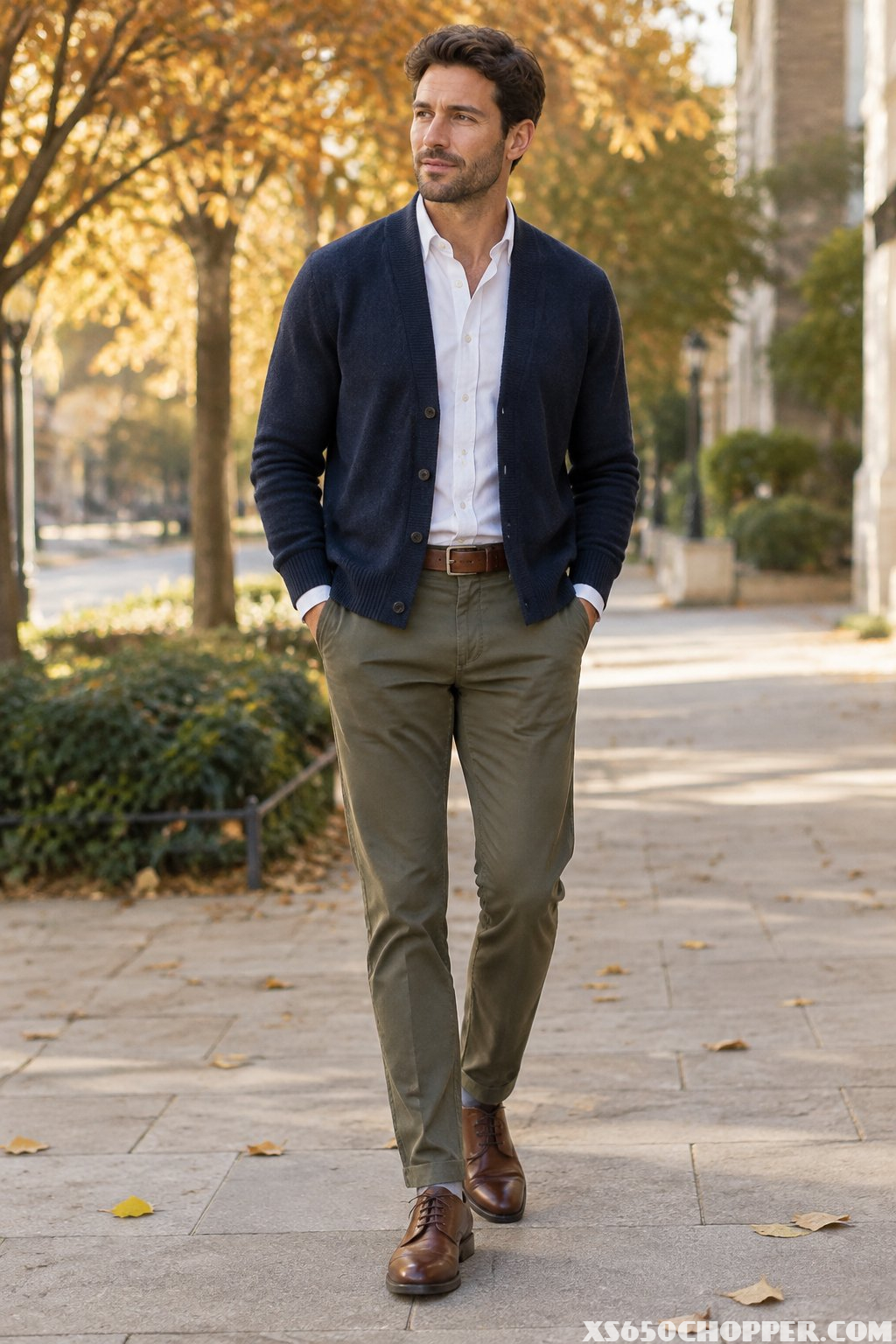 A man wearing a cardigan over an Oxford shirt with chinos and Derby shoes.