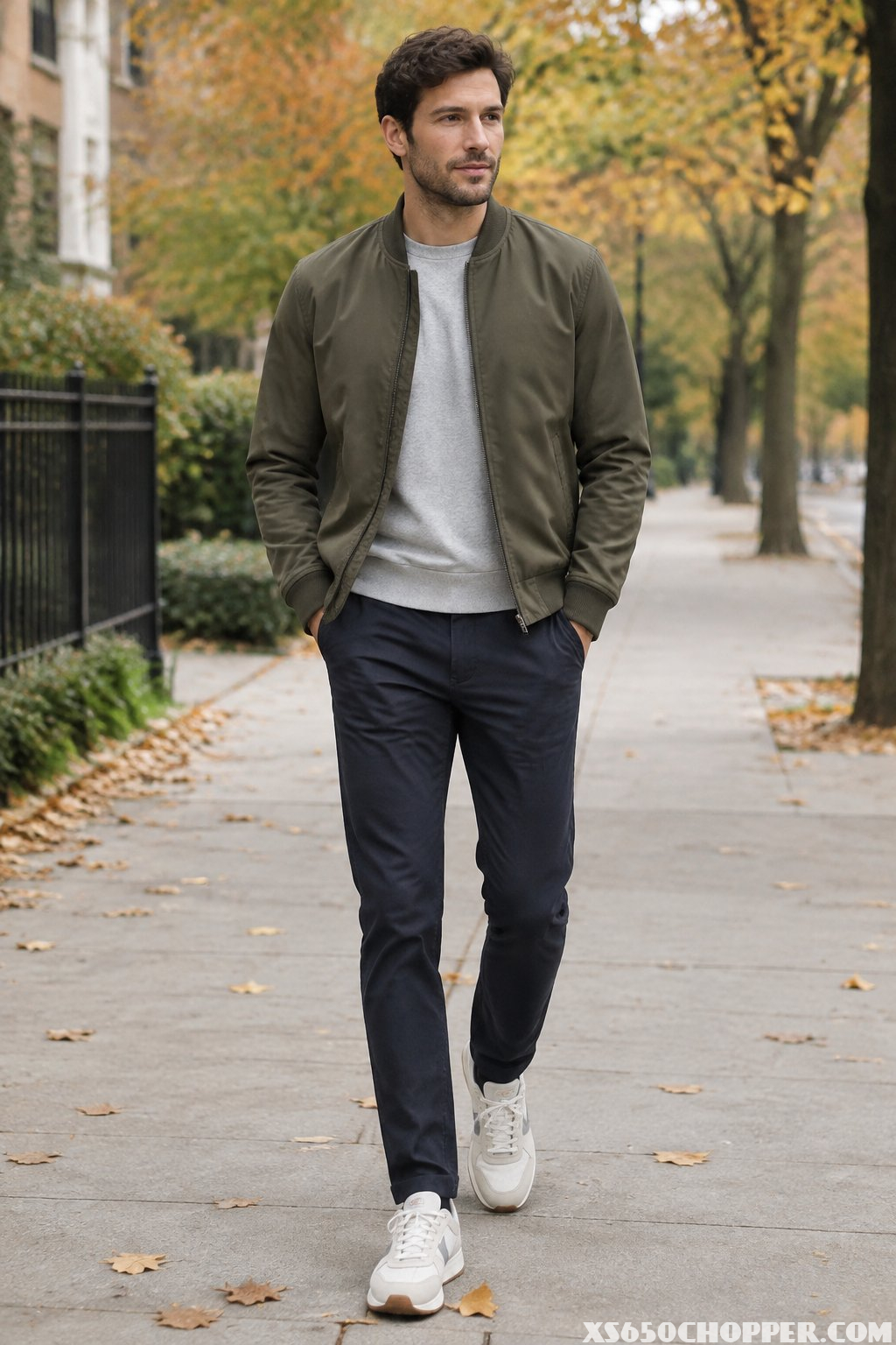 A man walks along a sidewalk wearing a jacket, sweatshirt, tapered pants, and trainers.