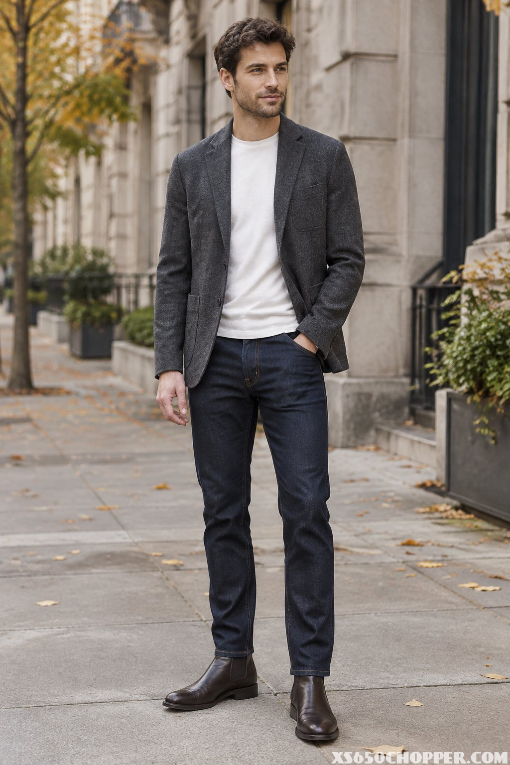 A man wearing a blazer, T-shirt, dark jeans, and boots.