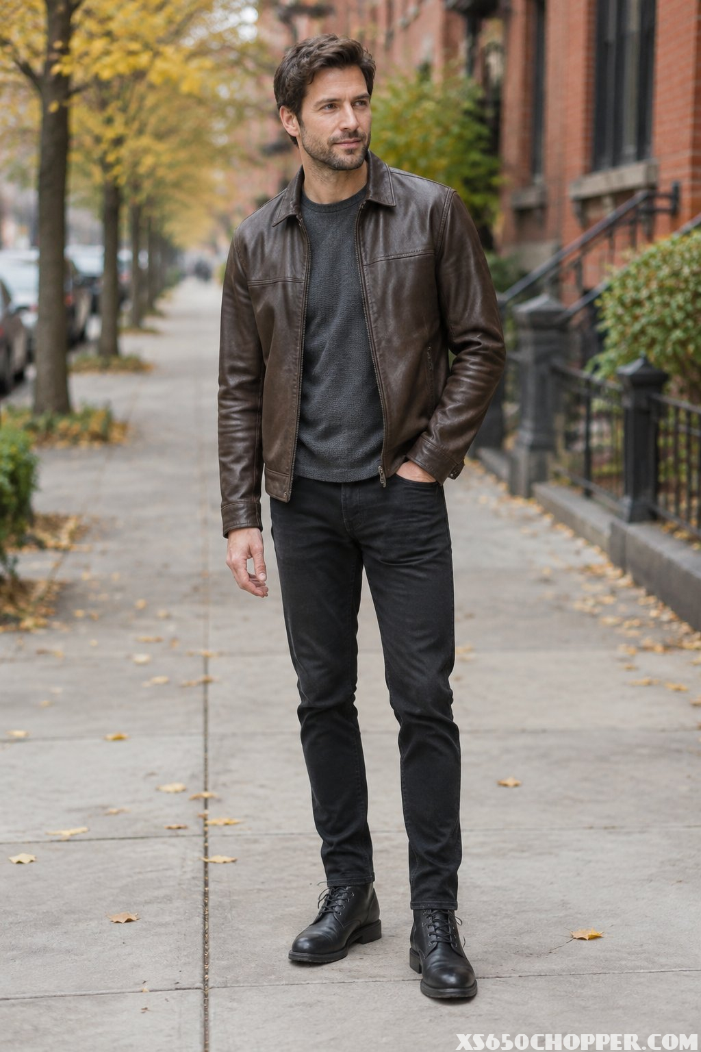 A man in a leather jacket, thermal shirt, black jeans, and boots stands on an autumn city sidewalk.