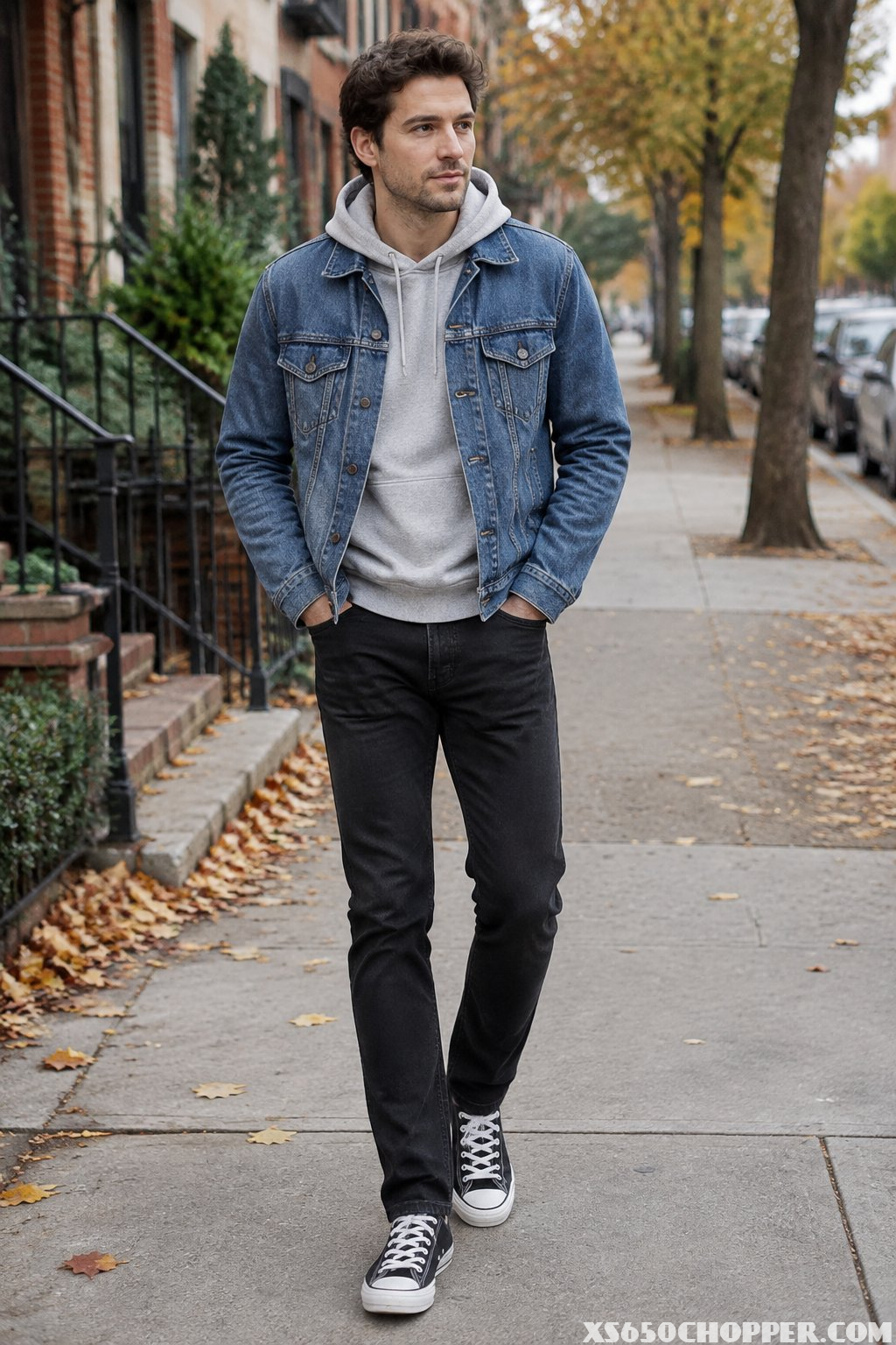 A man wearing a denim jacket over a hoodie, black jeans, and canvas sneakers on an autumn sidewalk.