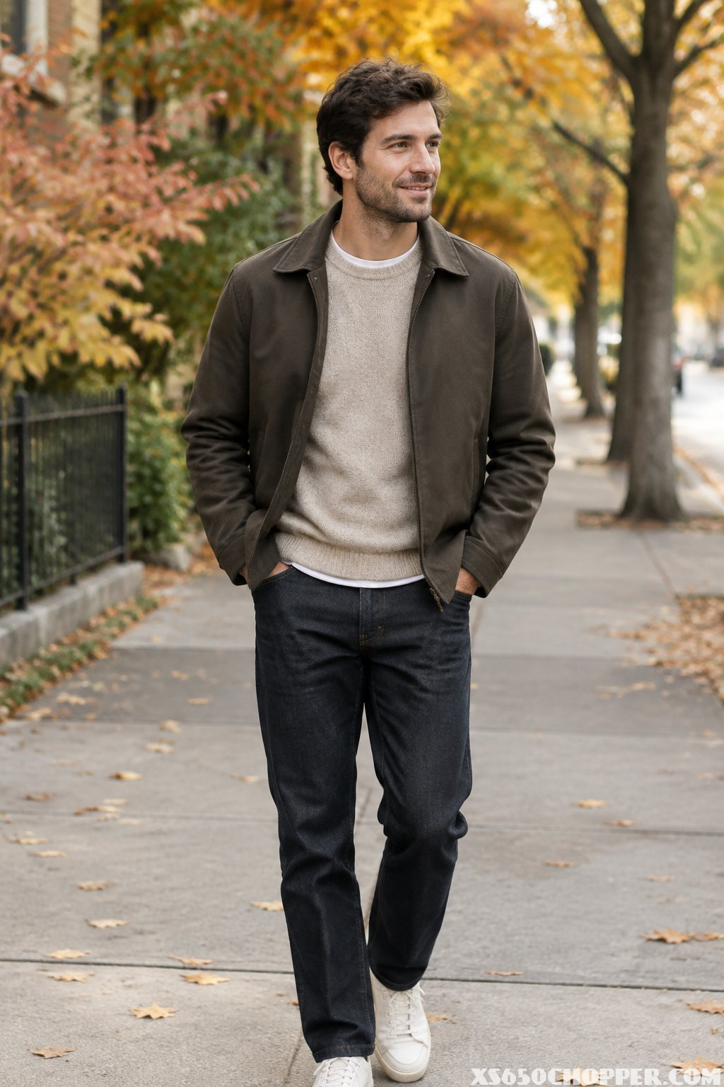 A man in a sweater, casual jacket, jeans, and sneakers stands on an autumn city sidewalk.