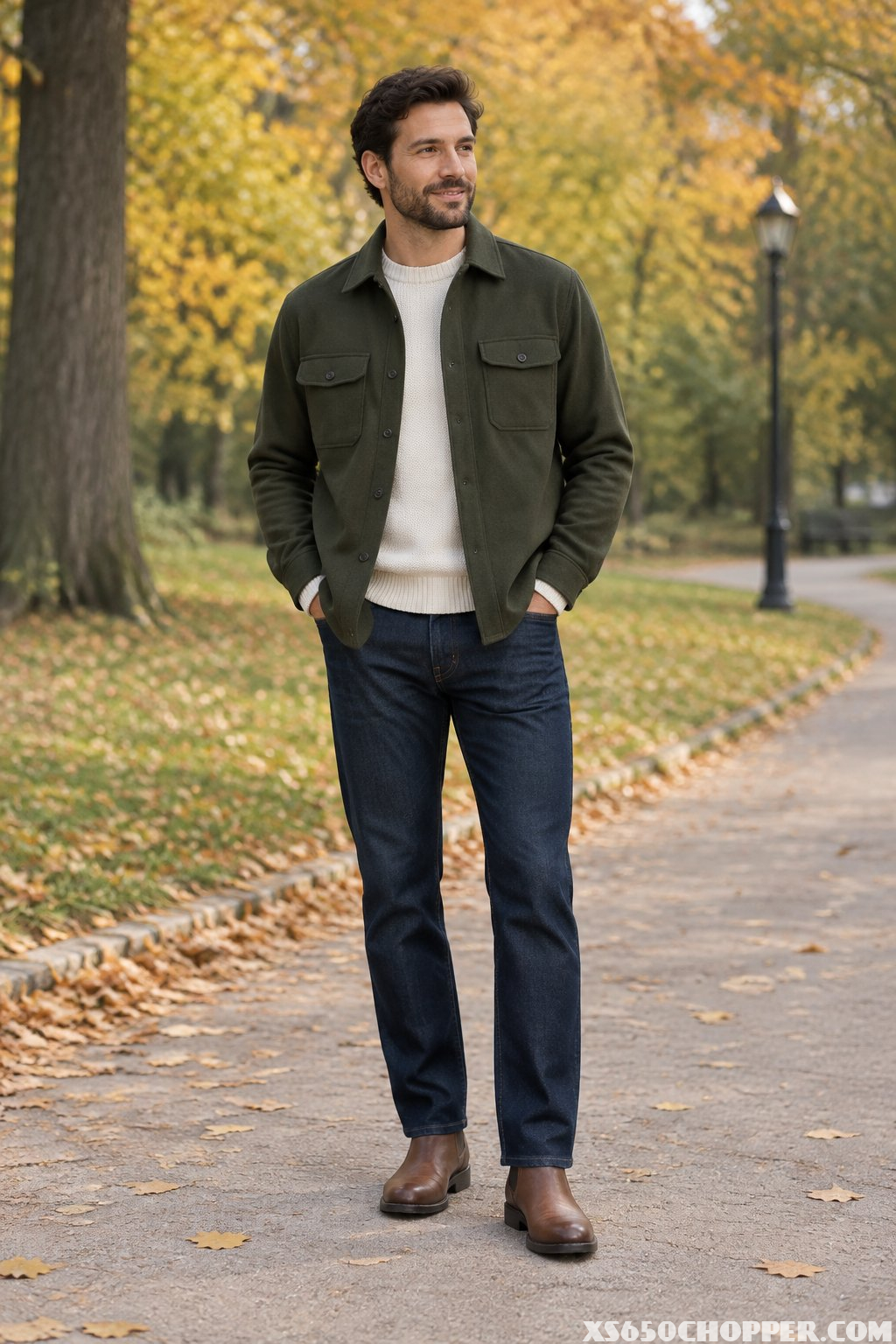 A man stands on a park path among autumn leaves.