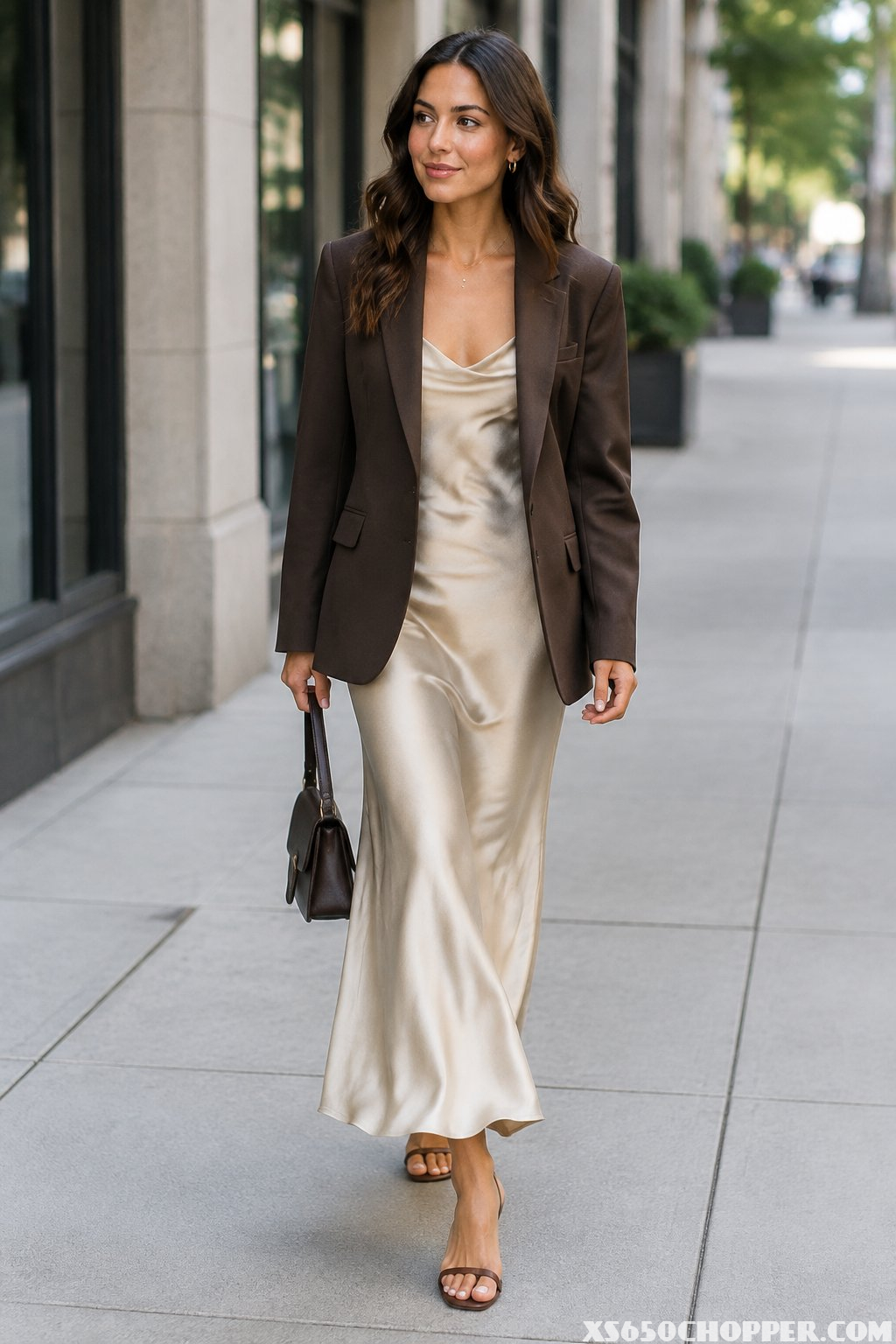 A woman walks along a city sidewalk wearing a brown blazer over a slip dress.