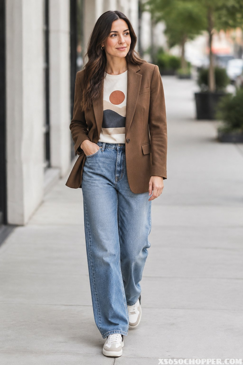 A person wearing a brown blazer, graphic T-shirt, jeans, and sneakers.