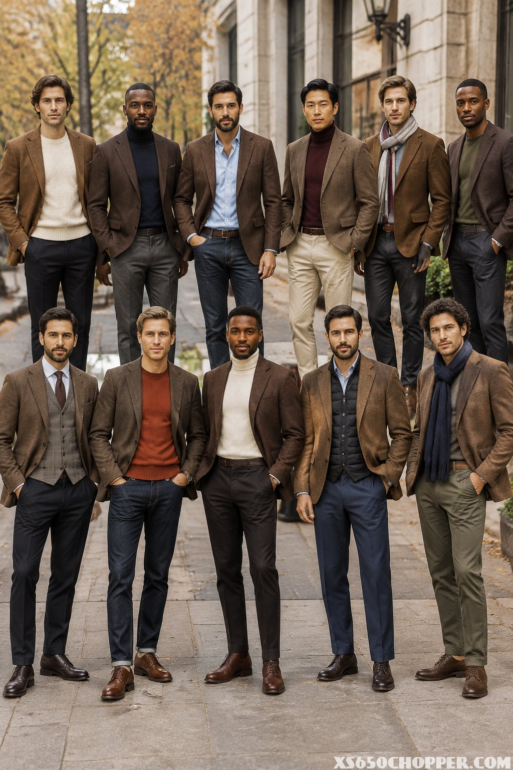 Twelve men wear different brown blazer outfits on an autumn city street.