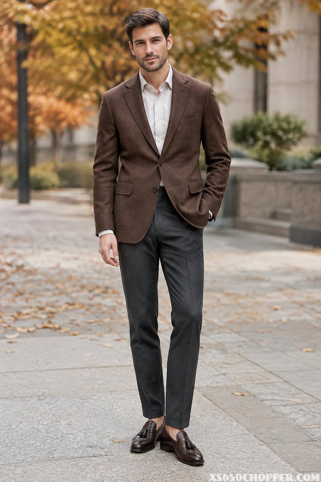 A man wearing a brown blazer, charcoal dress pants, and tassel loafers.