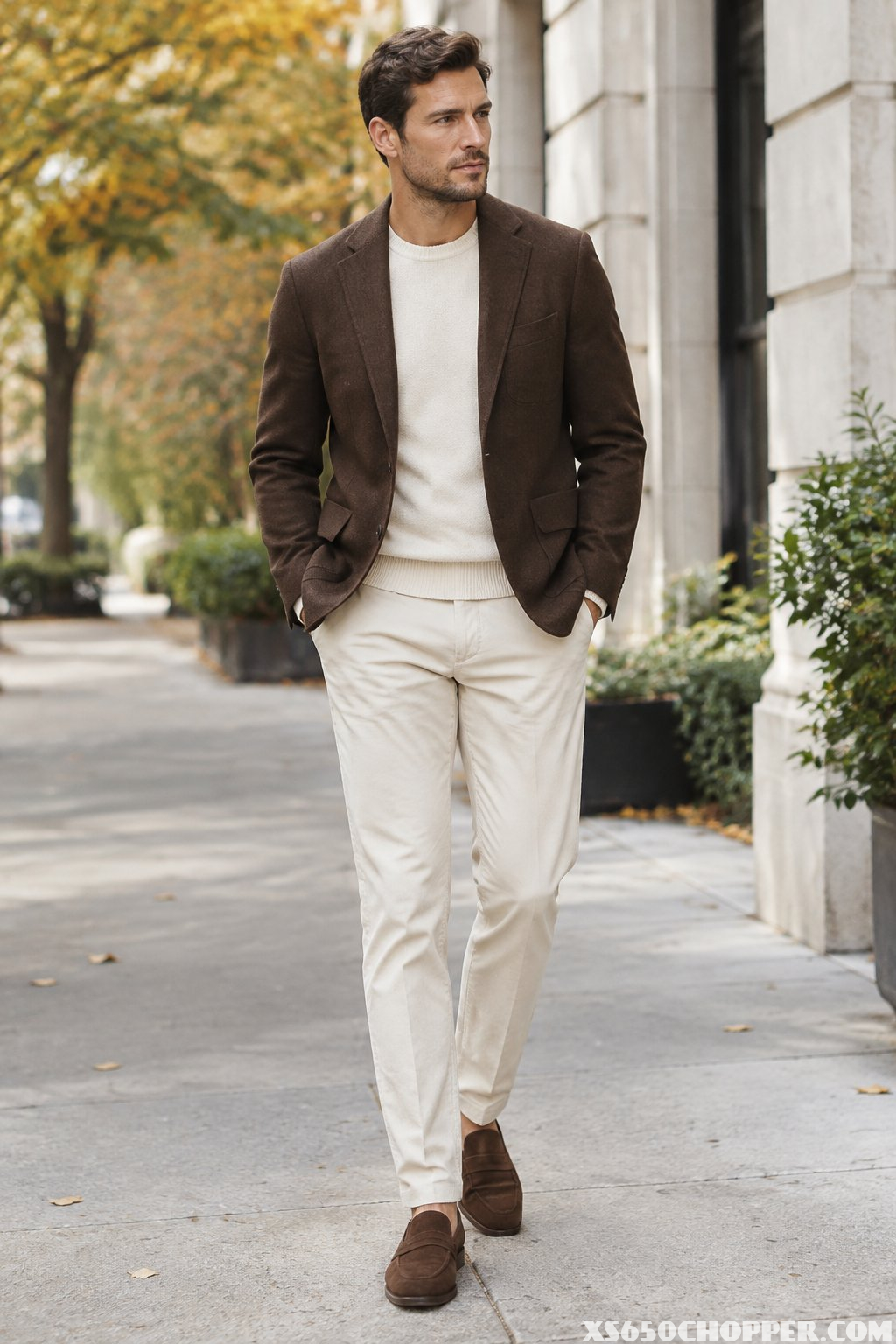A man wearing a brown blazer, cream chinos, and brown loafers.