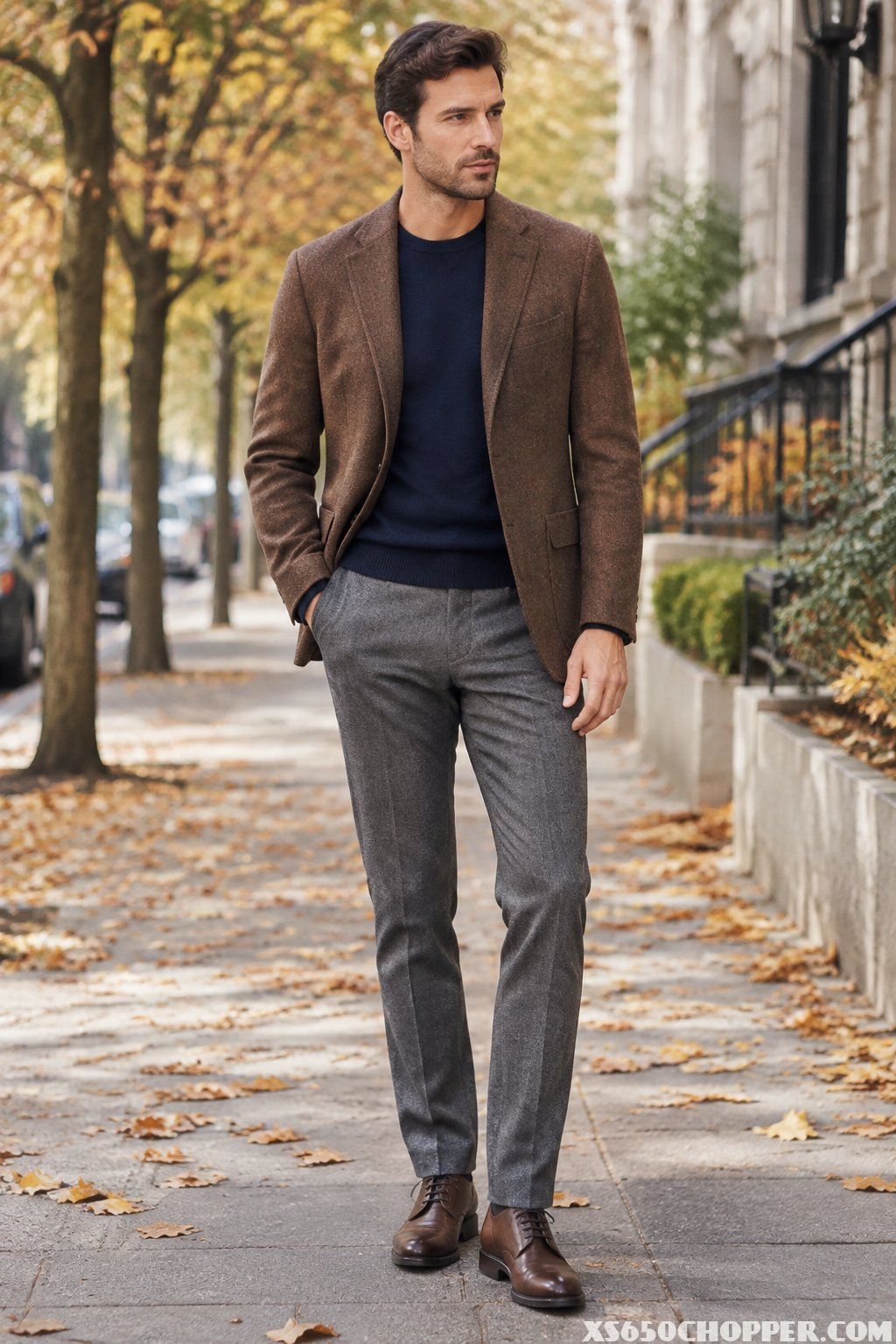 A man wearing a brown blazer, navy sweater, and gray trousers on an autumn sidewalk.