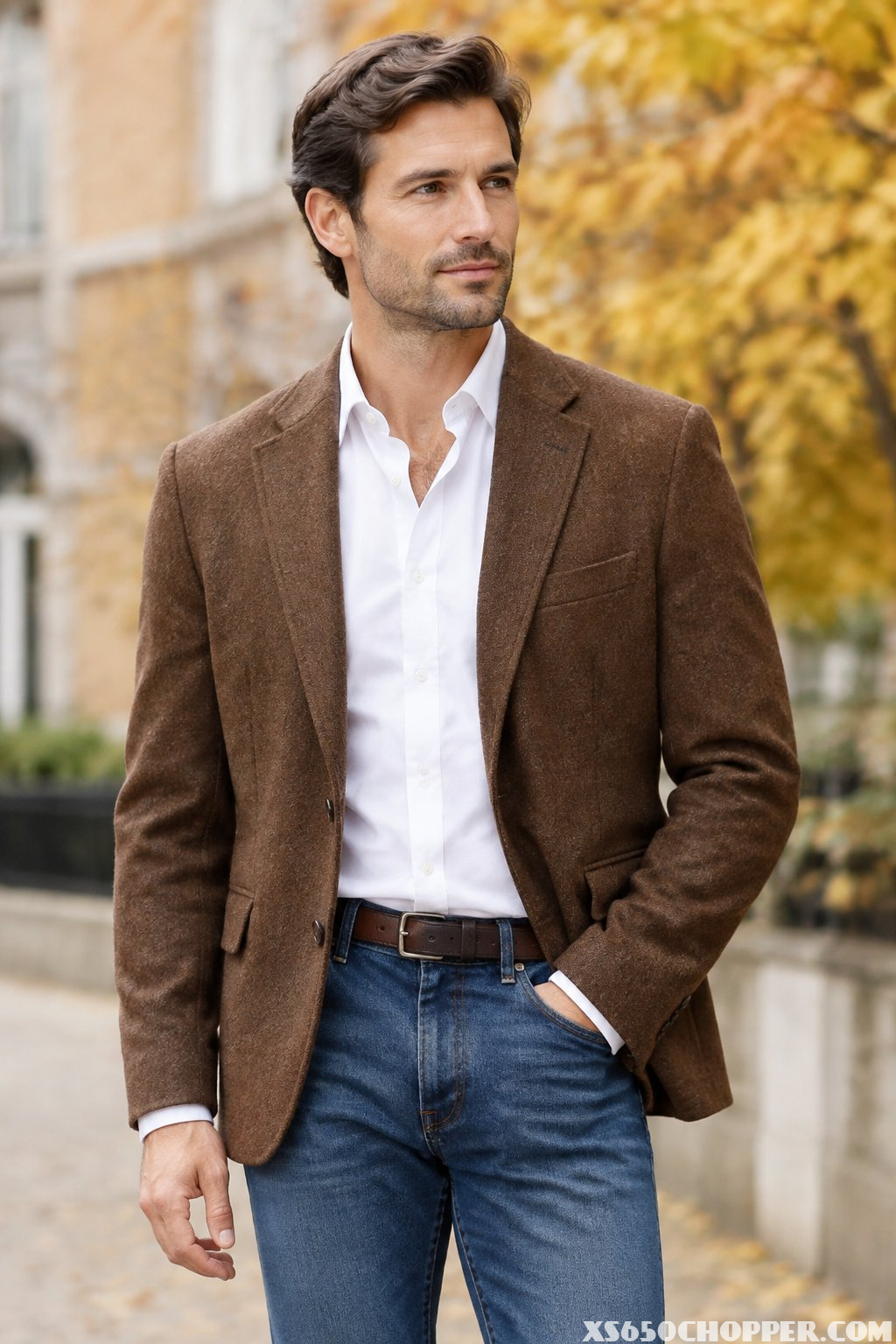 A man wearing a brown blazer, white shirt, and blue jeans.