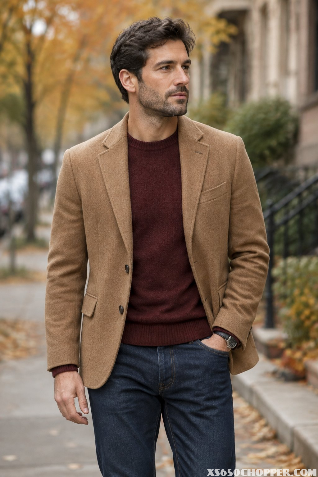 A man wearing a camel blazer, burgundy sweater, and dark jeans on a city street.