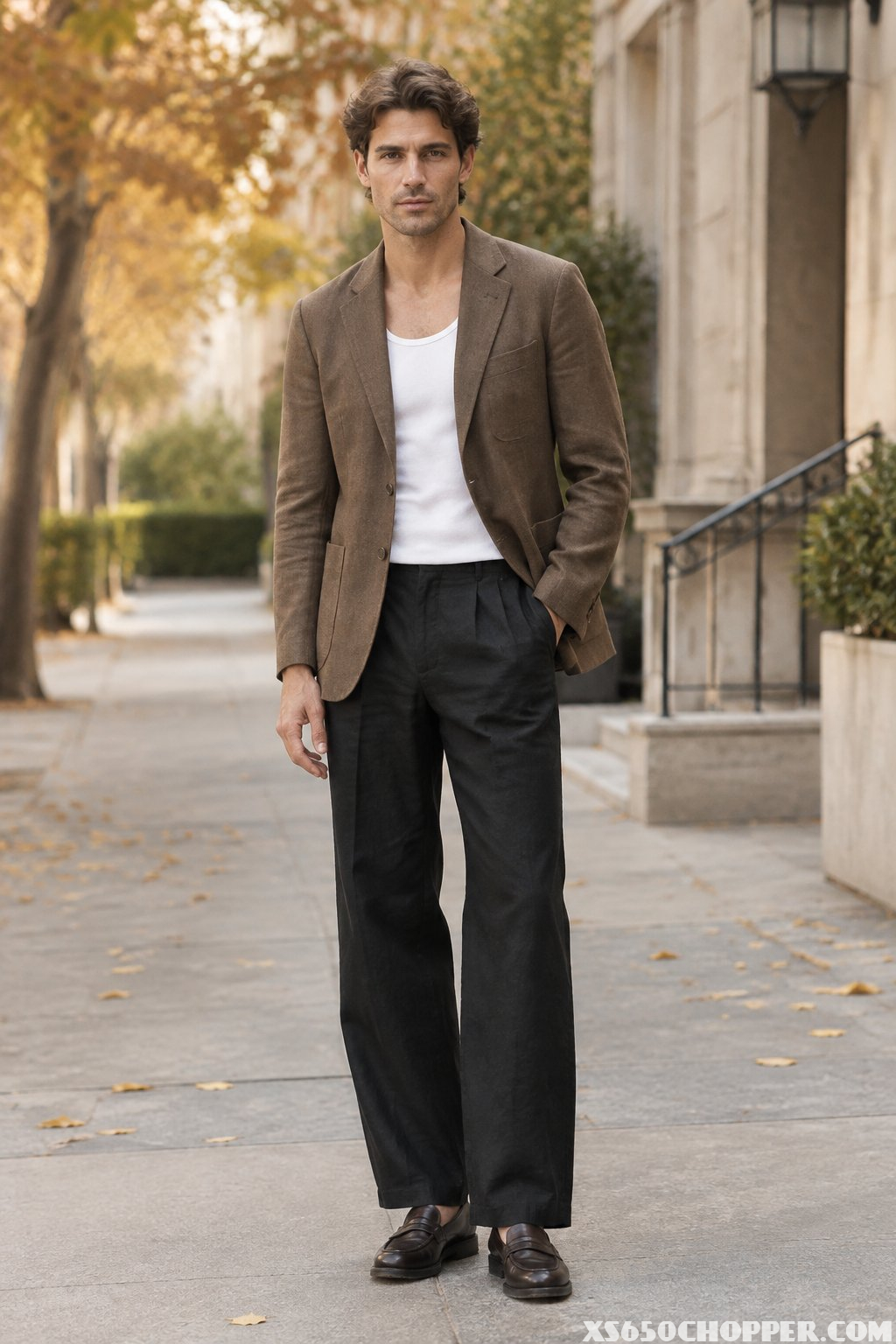 A man wearing a brown blazer, white tank top, and black pants stands on a tree-lined street.