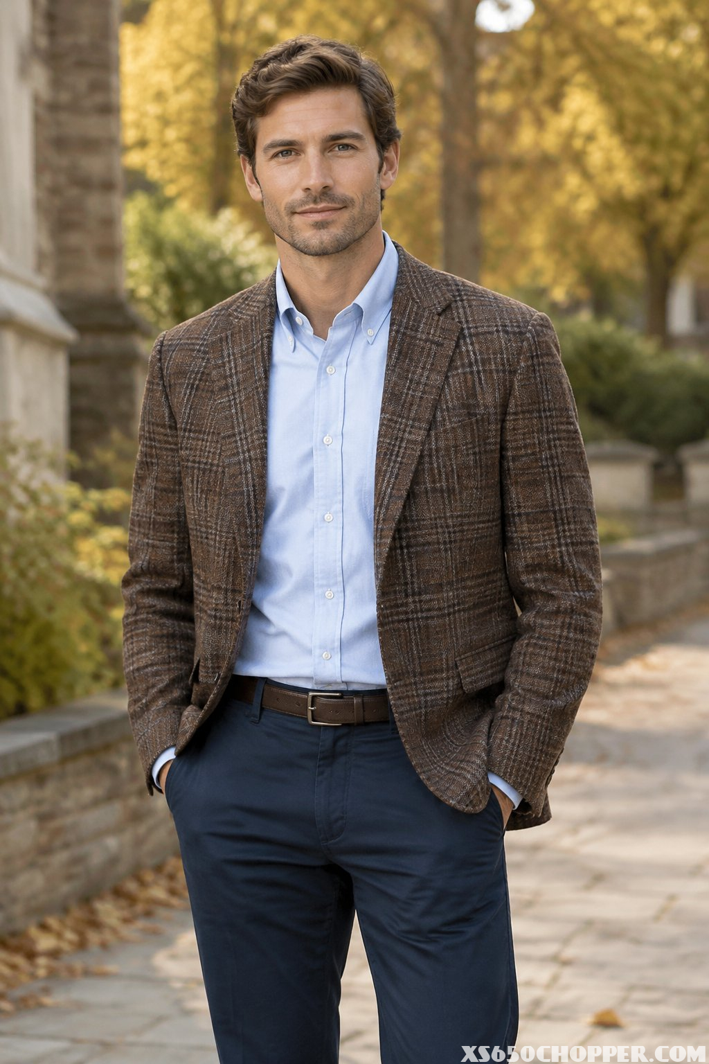 A man in a brown plaid blazer, pale blue shirt, and navy chinos stands outdoors among autumn trees.