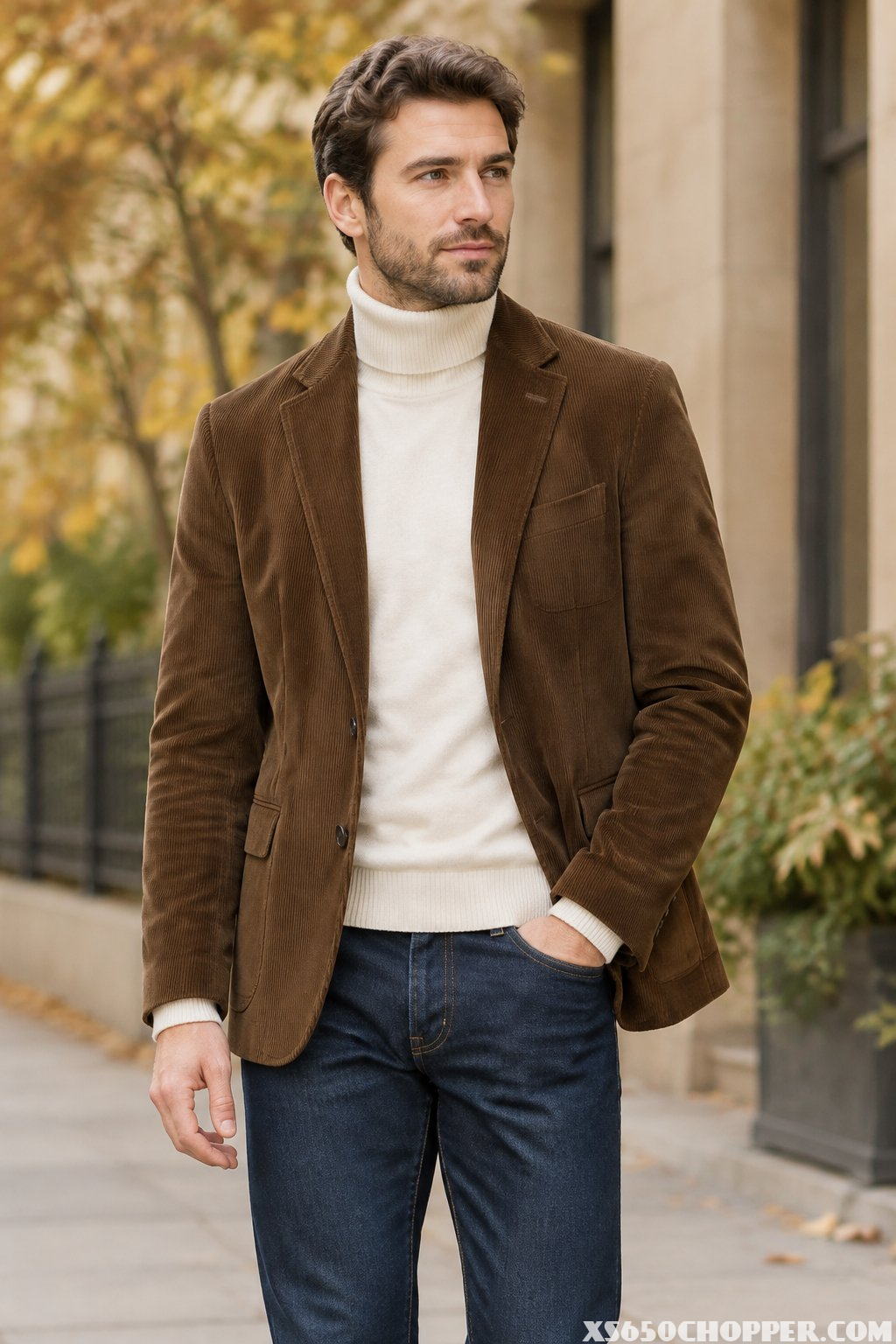 A man wearing a brown blazer, cream sweater, and dark jeans.