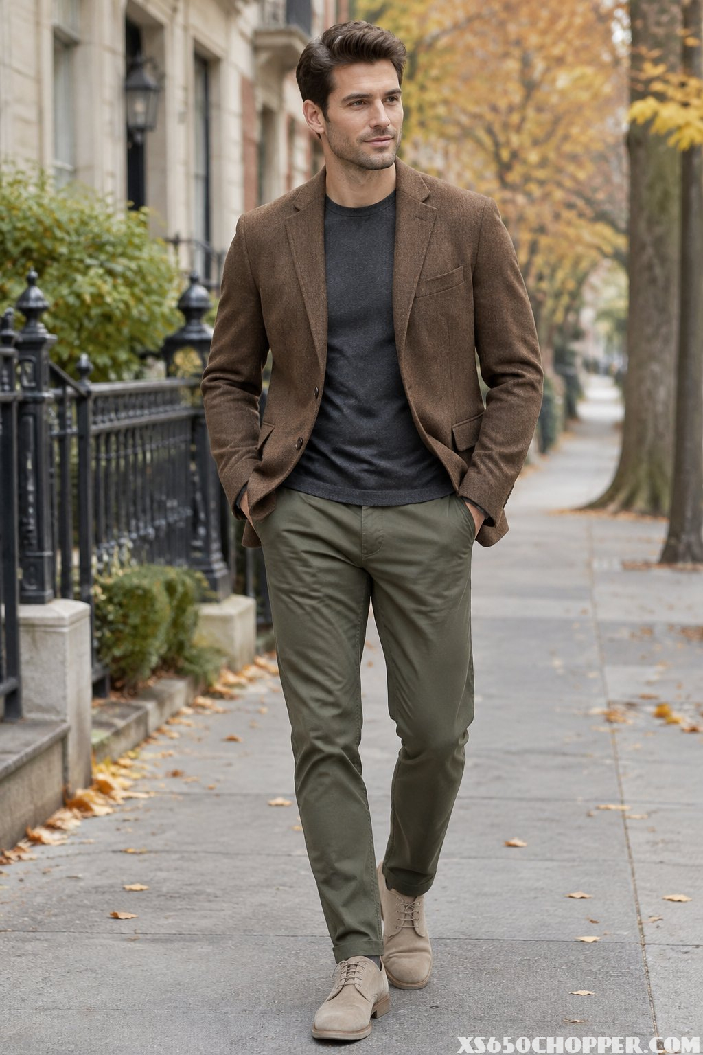 A man wearing a brown blazer, gray T-shirt, and olive chinos.