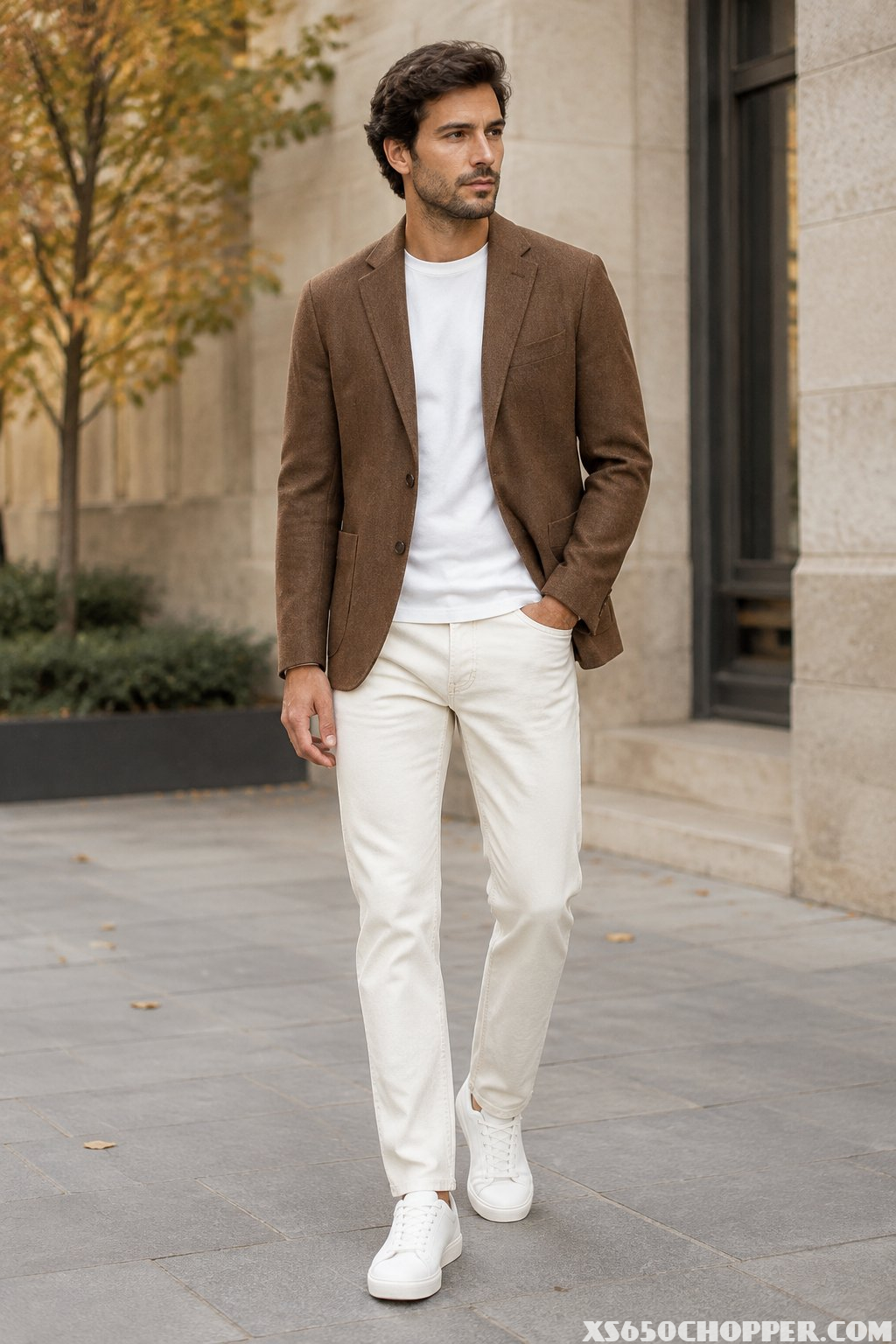 A man wearing a brown blazer, white T-shirt, ecru jeans, and sneakers.