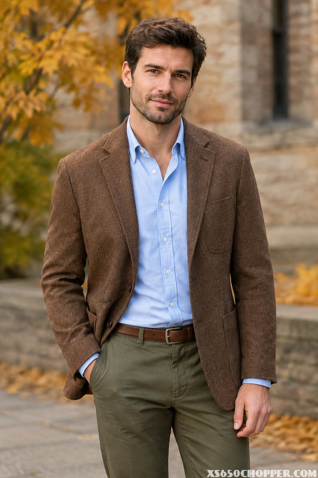 A man wearing a brown blazer, light-blue shirt, and olive trousers.