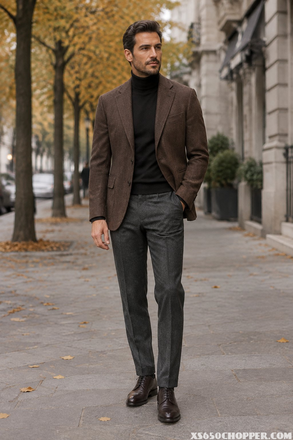 A man wearing a brown blazer, black turtleneck, and gray trousers stands on an autumn city street.