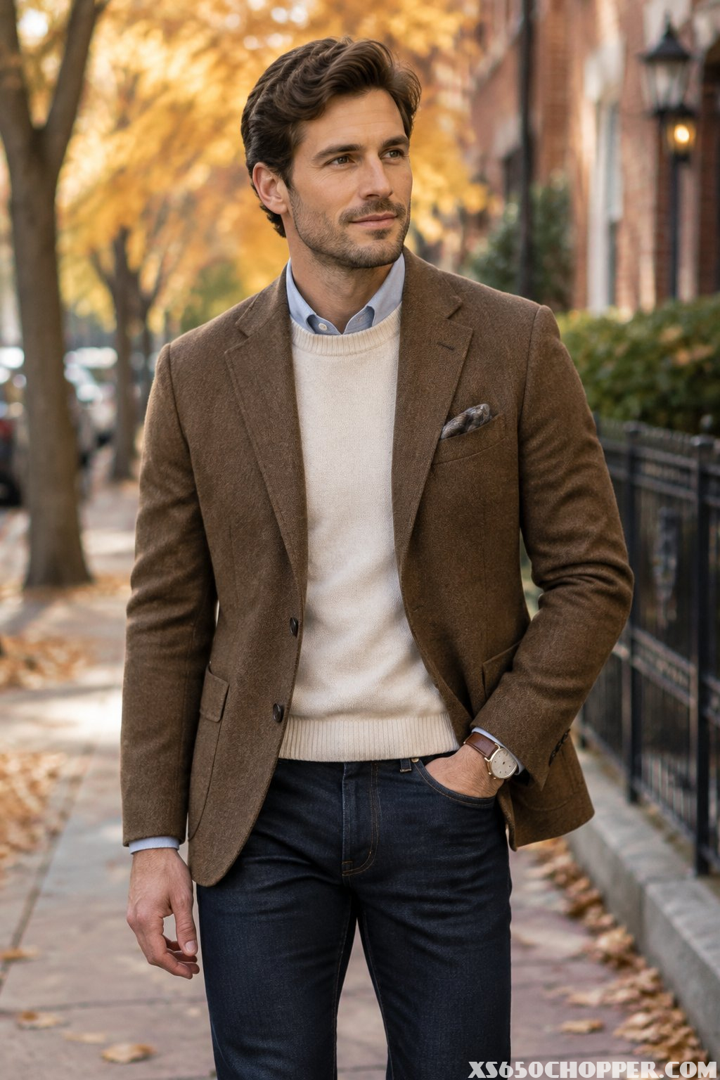 A man wearing a brown blazer and jeans stands on an autumn city sidewalk.