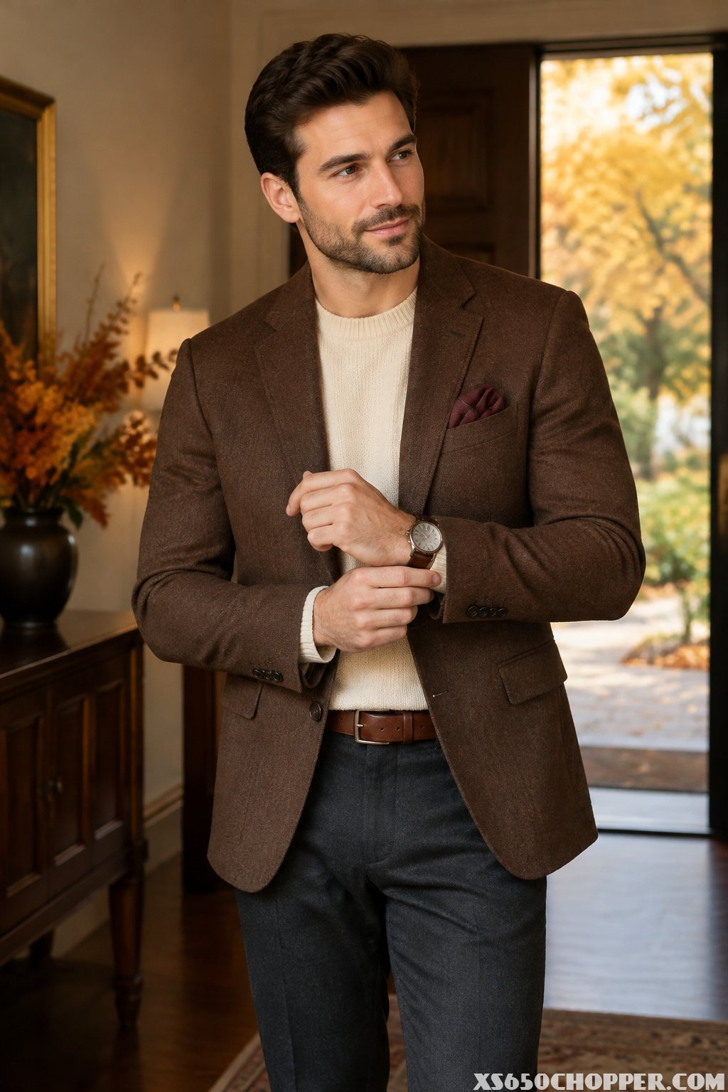 A man adjusts his cuff while wearing a brown blazer.