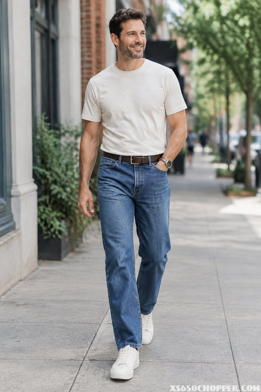 A man wearing straight-leg jeans walks along a sidewalk.