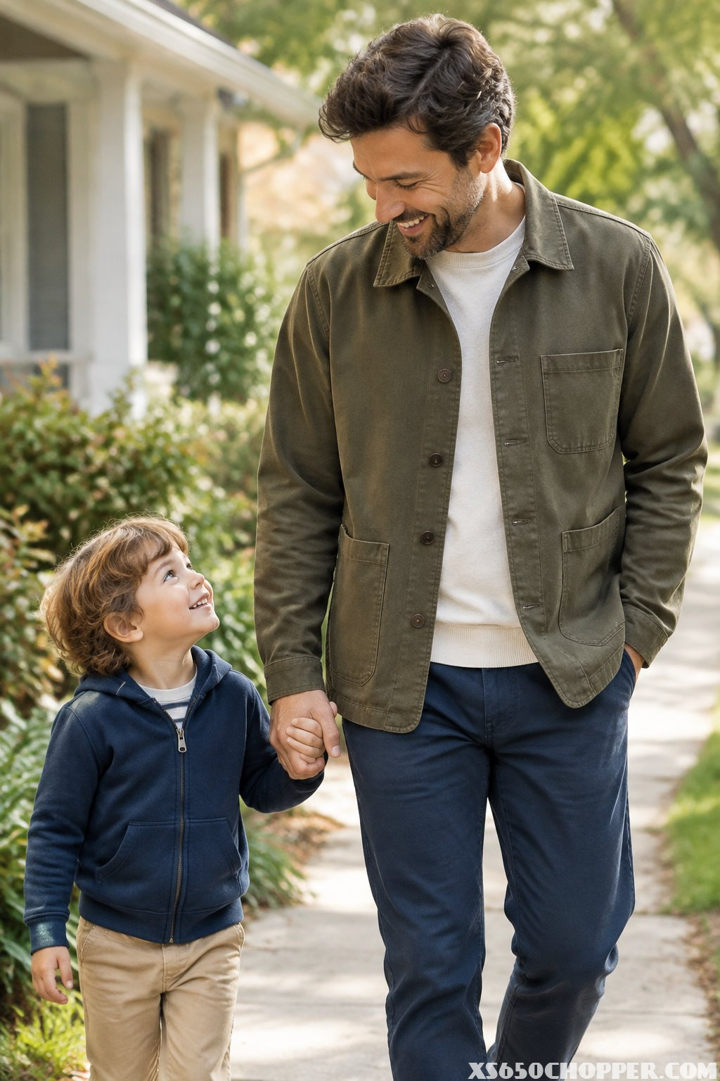 A father wearing a jacket spends time with his young child.
