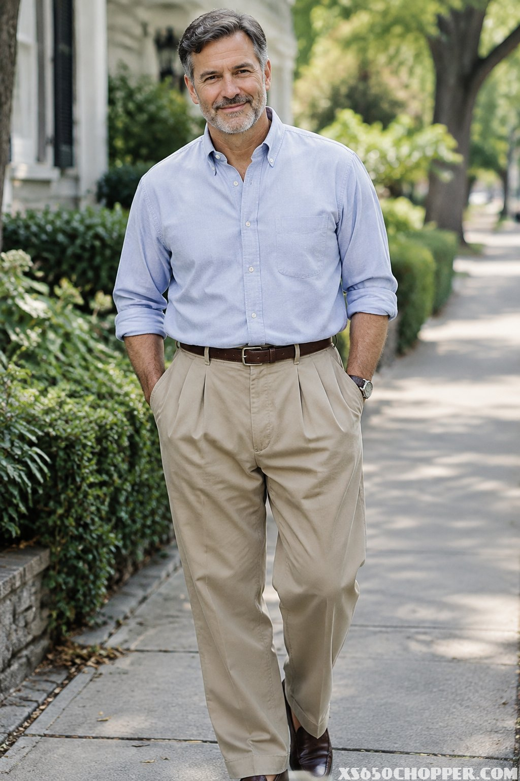 A man stands on a sidewalk wearing pleated trousers and a button-down shirt.