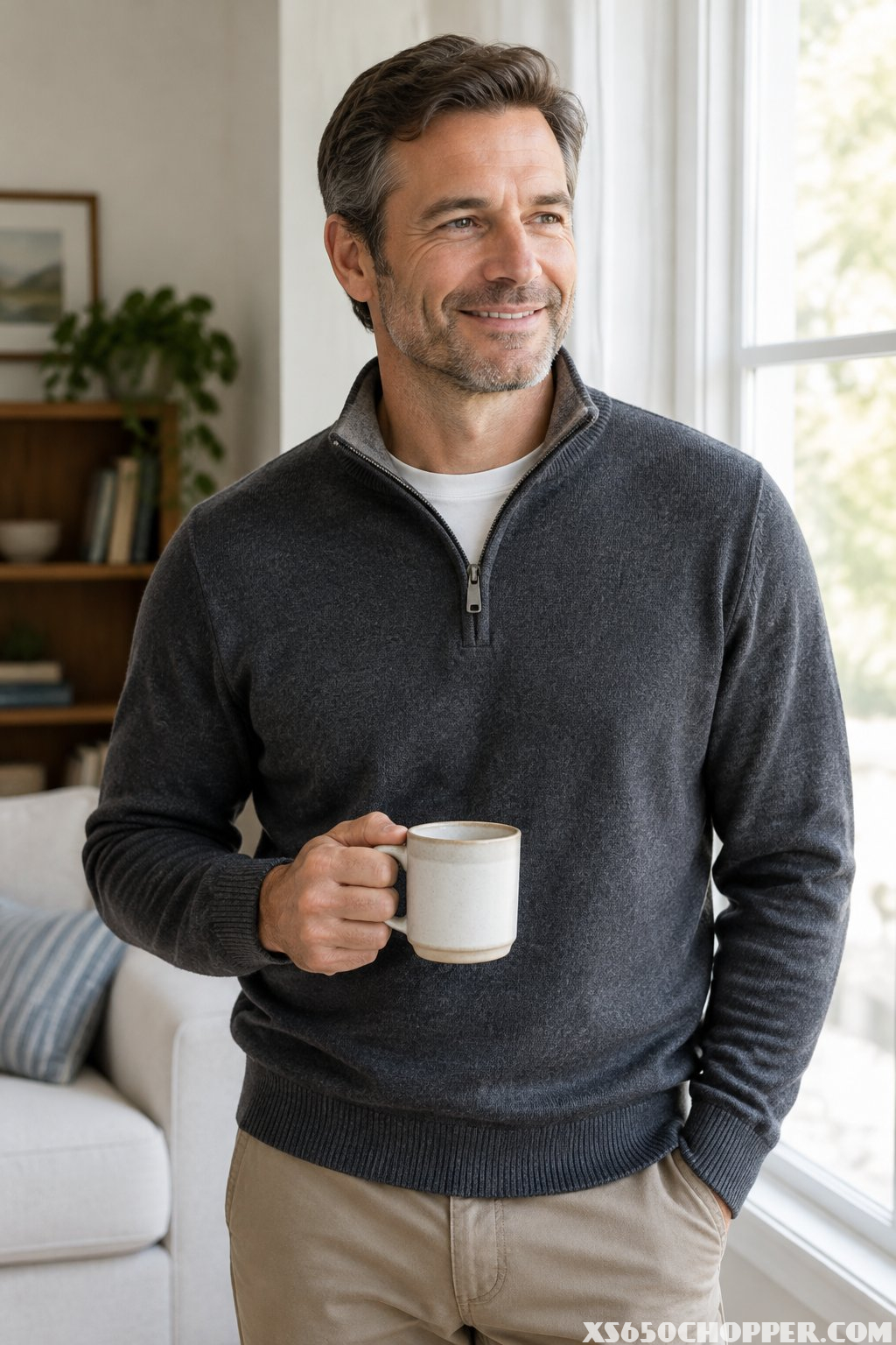 A man in a quarter-zip sweater holds a coffee mug at home.