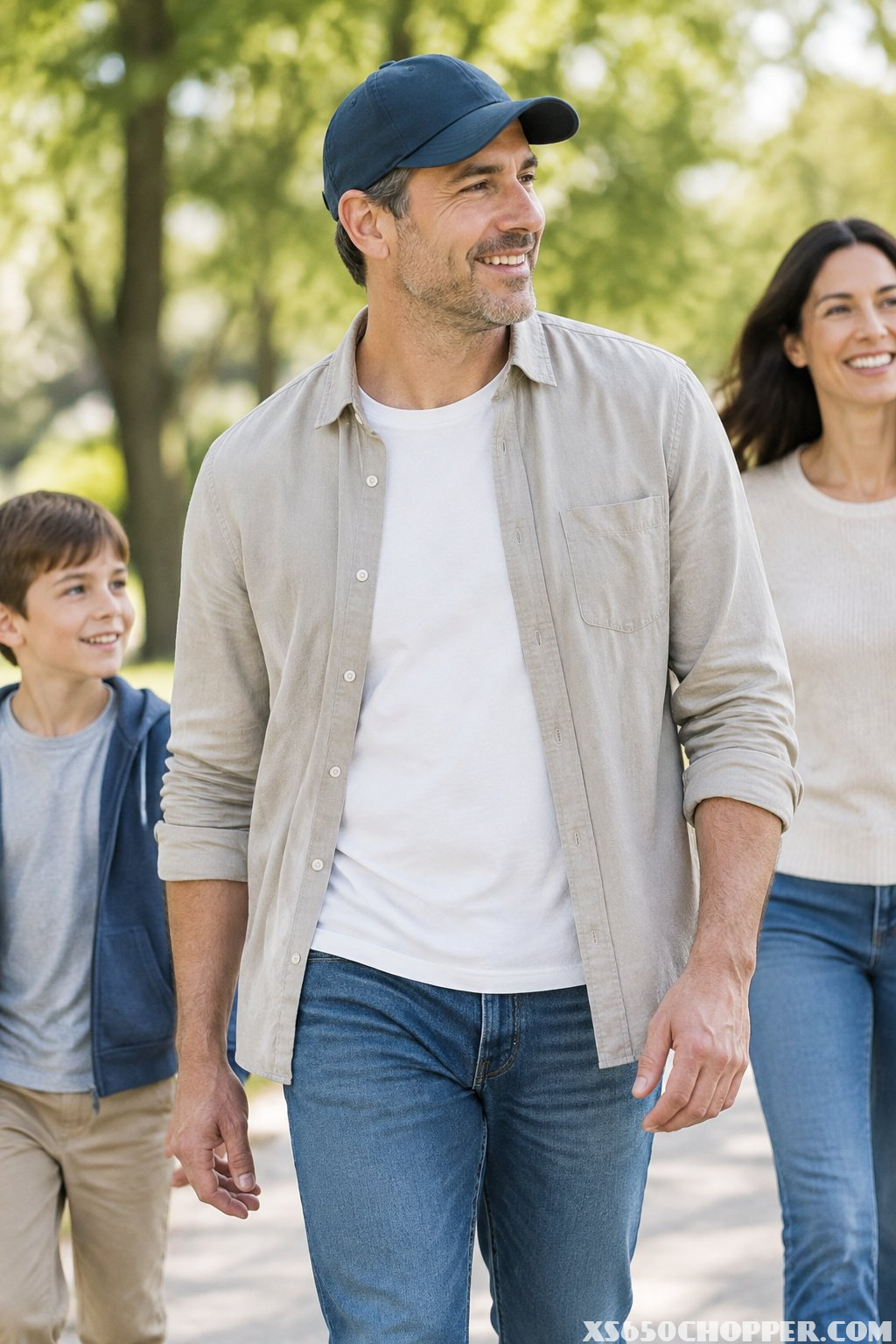 A father wearing a baseball cap outdoors with his family.
