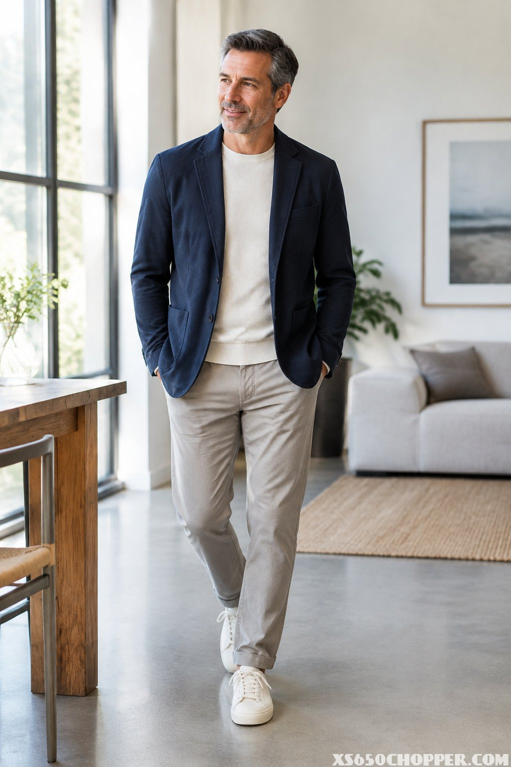 A middle-aged man in a blazer stands in a bright room.
