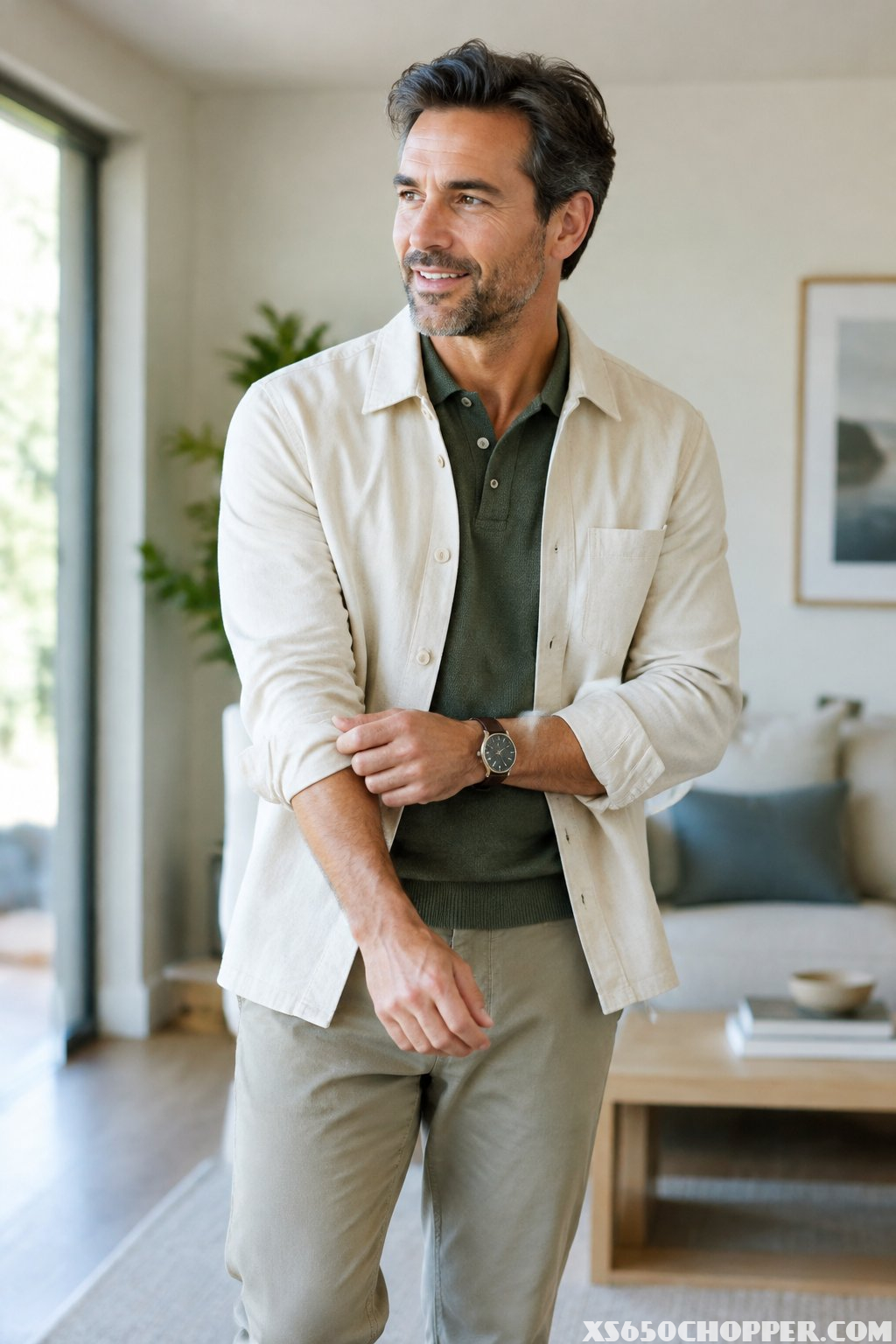 A middle-aged man in casual clothes stands in a bright home.
