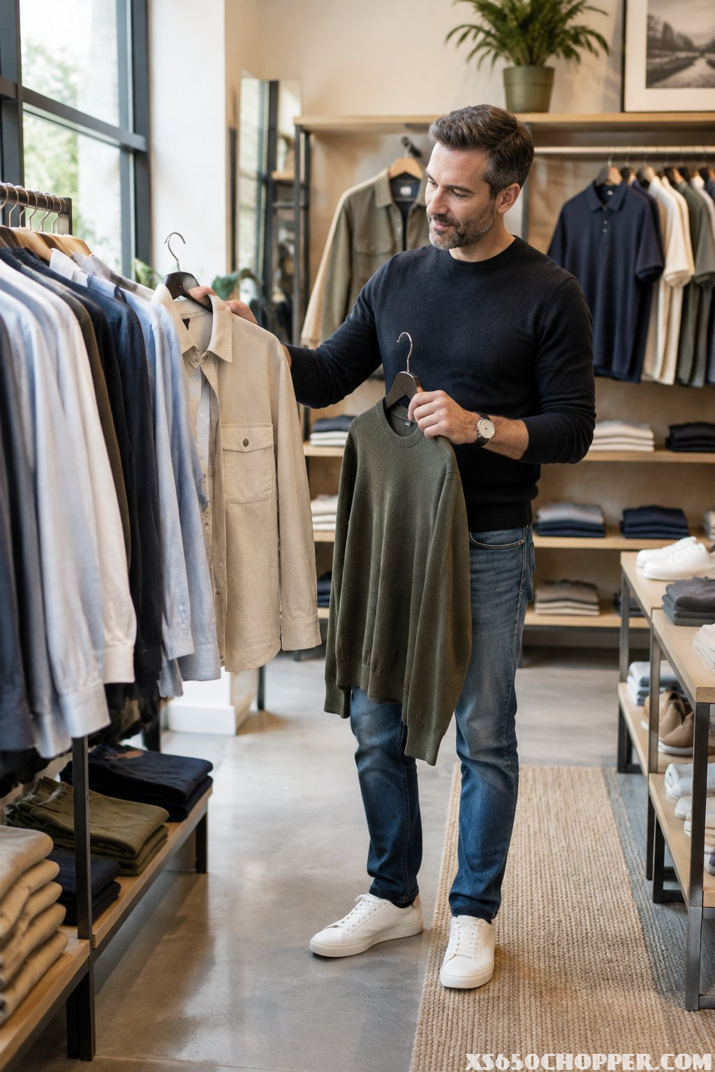 A man compares casual clothing on a rack in a shop.
