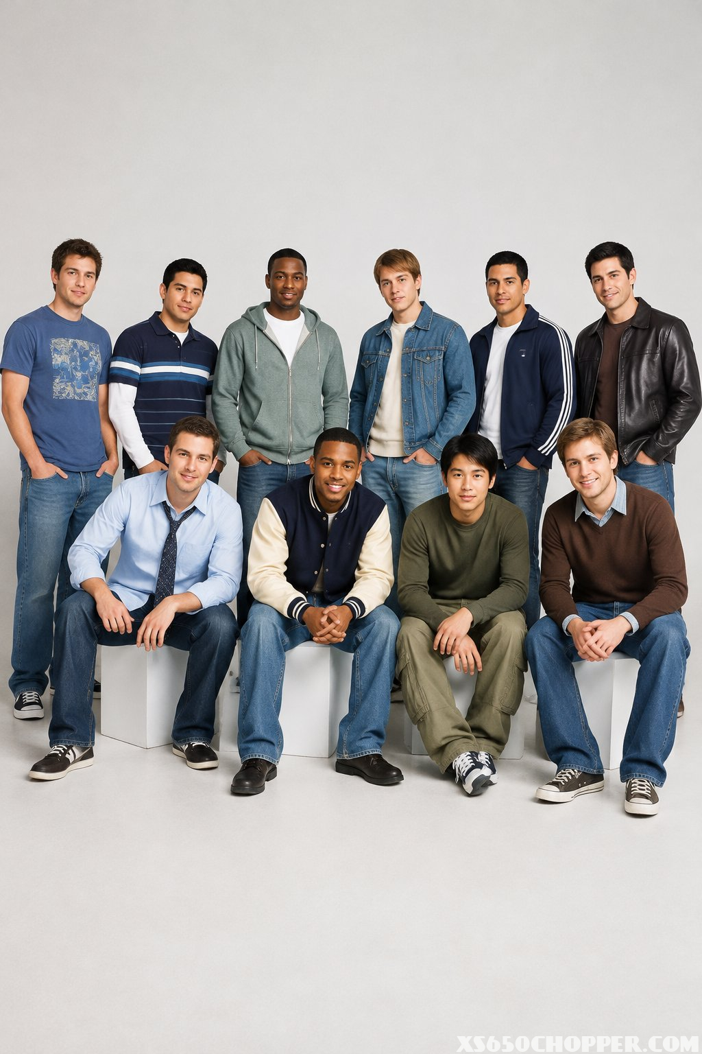 Ten men in varied casual outfits standing together in a studio.