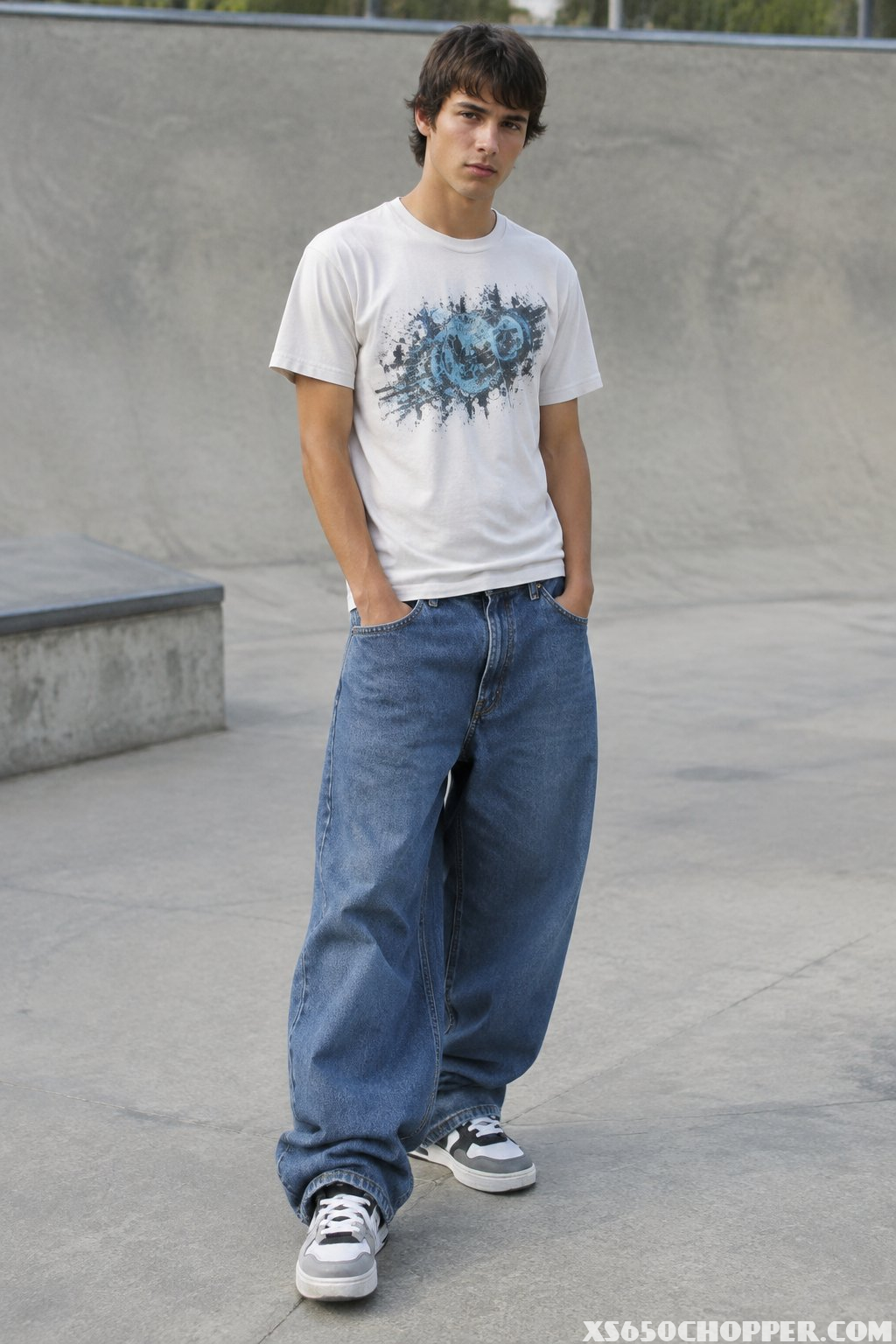 A young man in baggy jeans, a graphic T-shirt, and chunky sneakers stands at a skate spot.